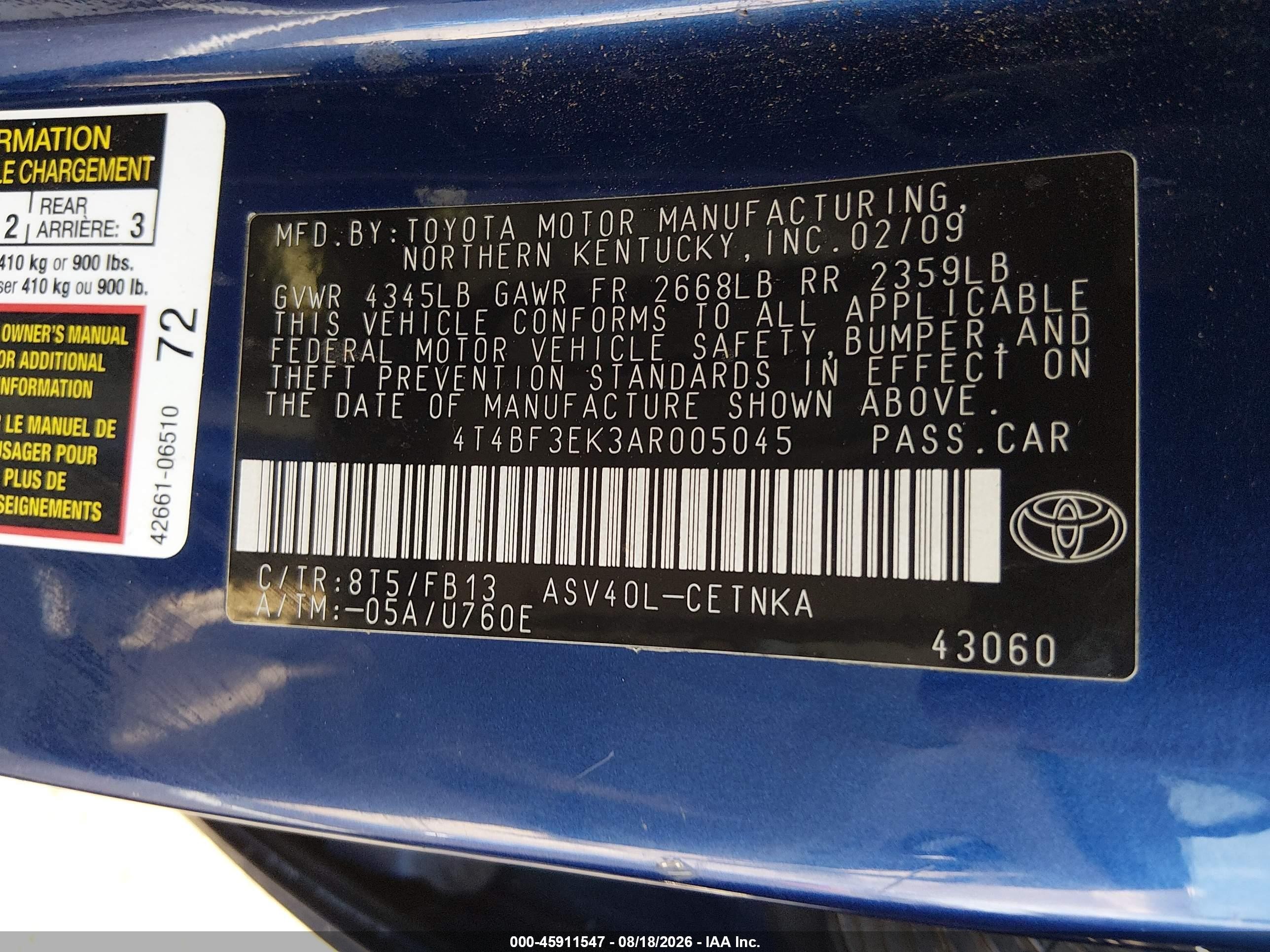 2010 Toyota Camry Le Blue vin: 4T4BF3EK3AR005045