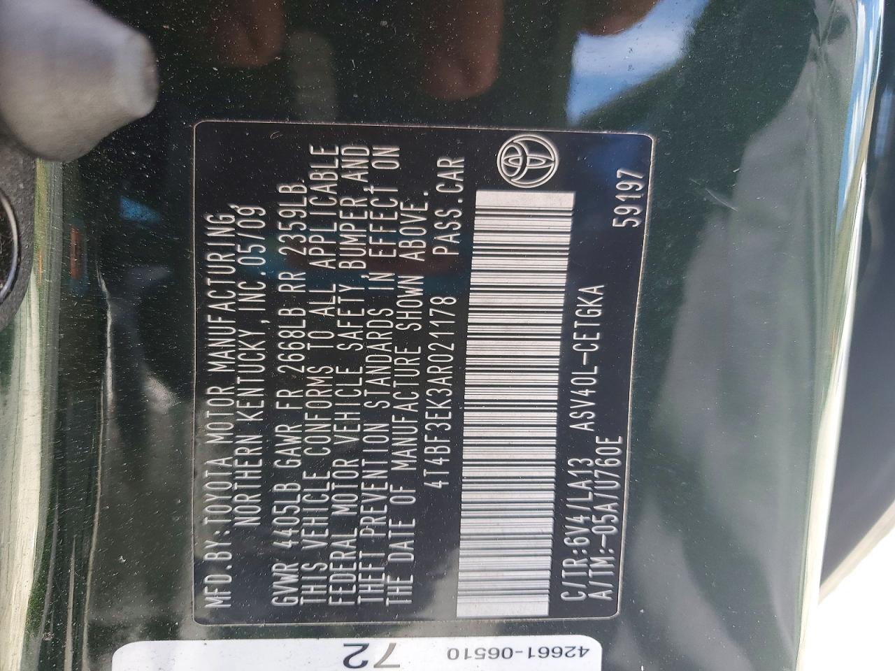 2010 Toyota Camry Xle Green vin: 4T4BF3EK3AR021178