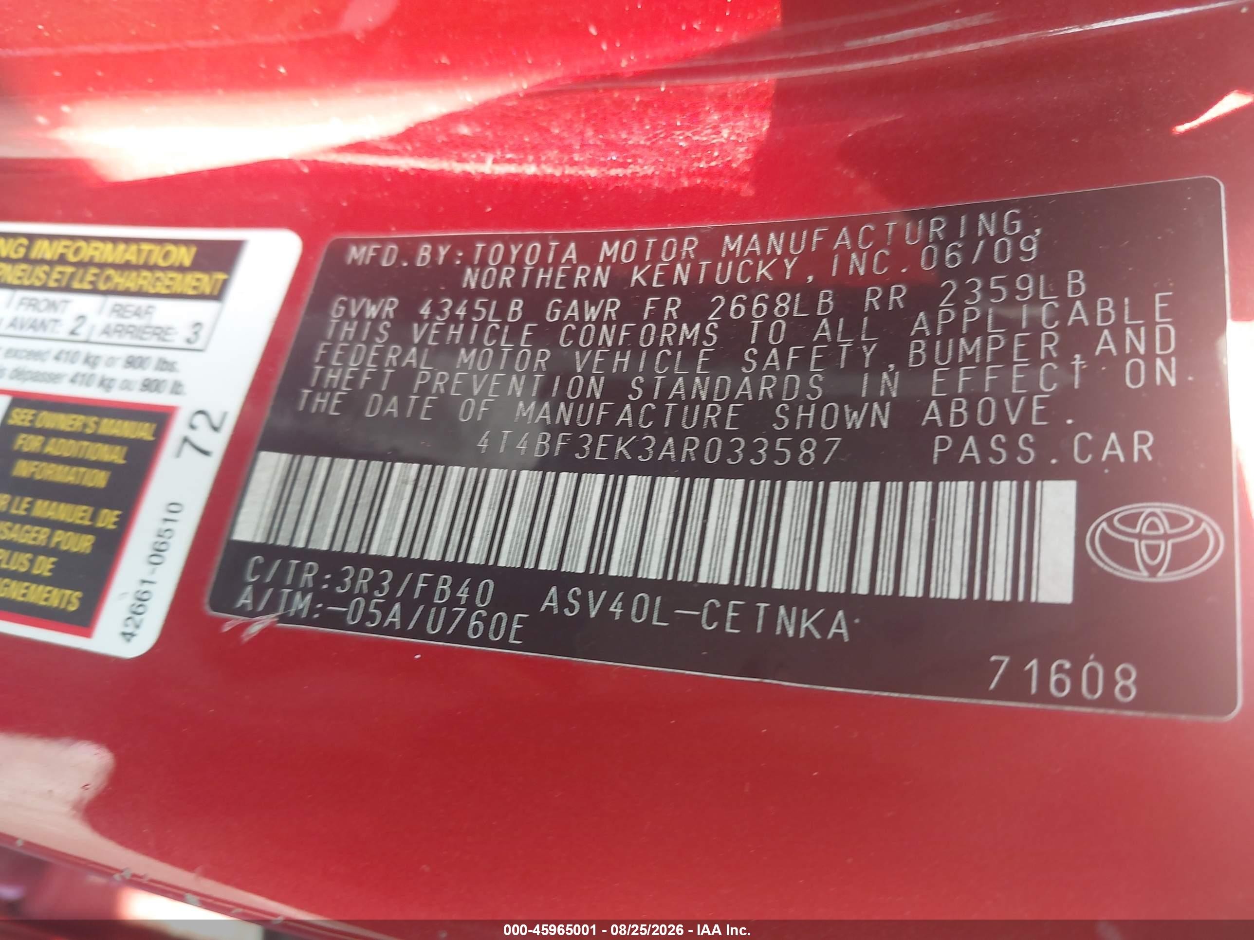 2010 Toyota Camry Le Red vin: 4T4BF3EK3AR033587