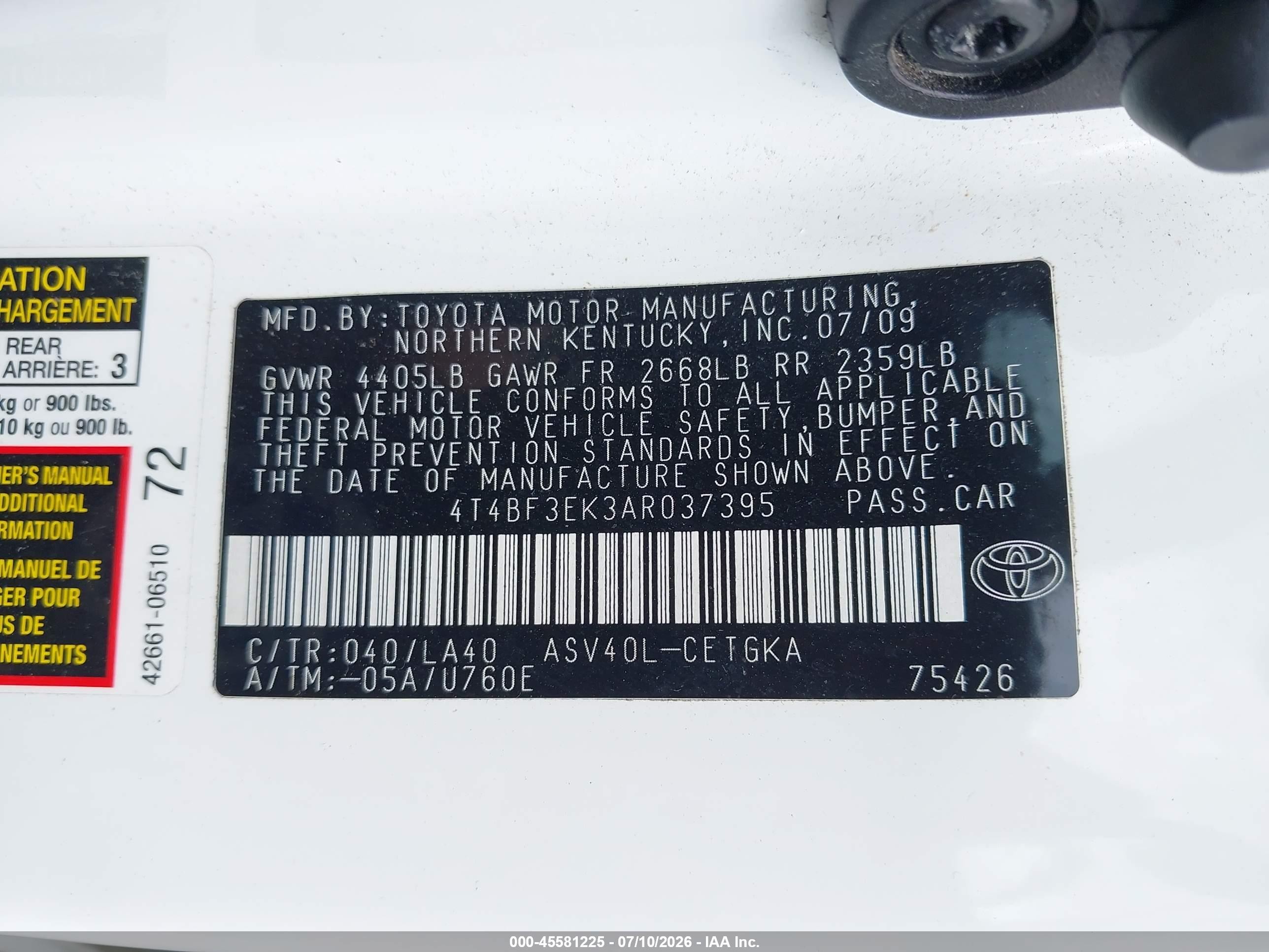 2010 Toyota Camry Xle White vin: 4T4BF3EK3AR037395