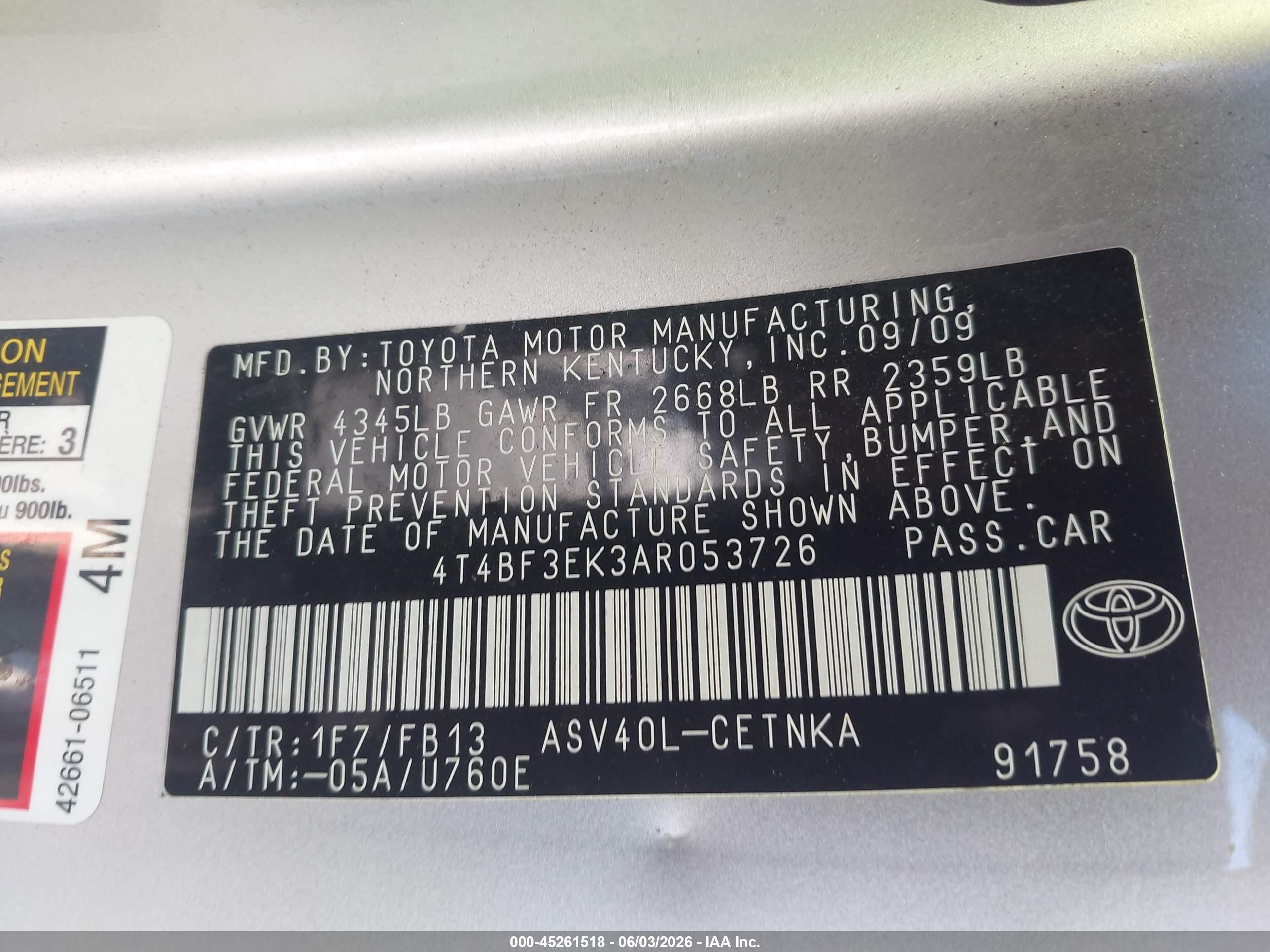 2010 Toyota Camry Se/le/xle Silver vin: 4T4BF3EK3AR053726