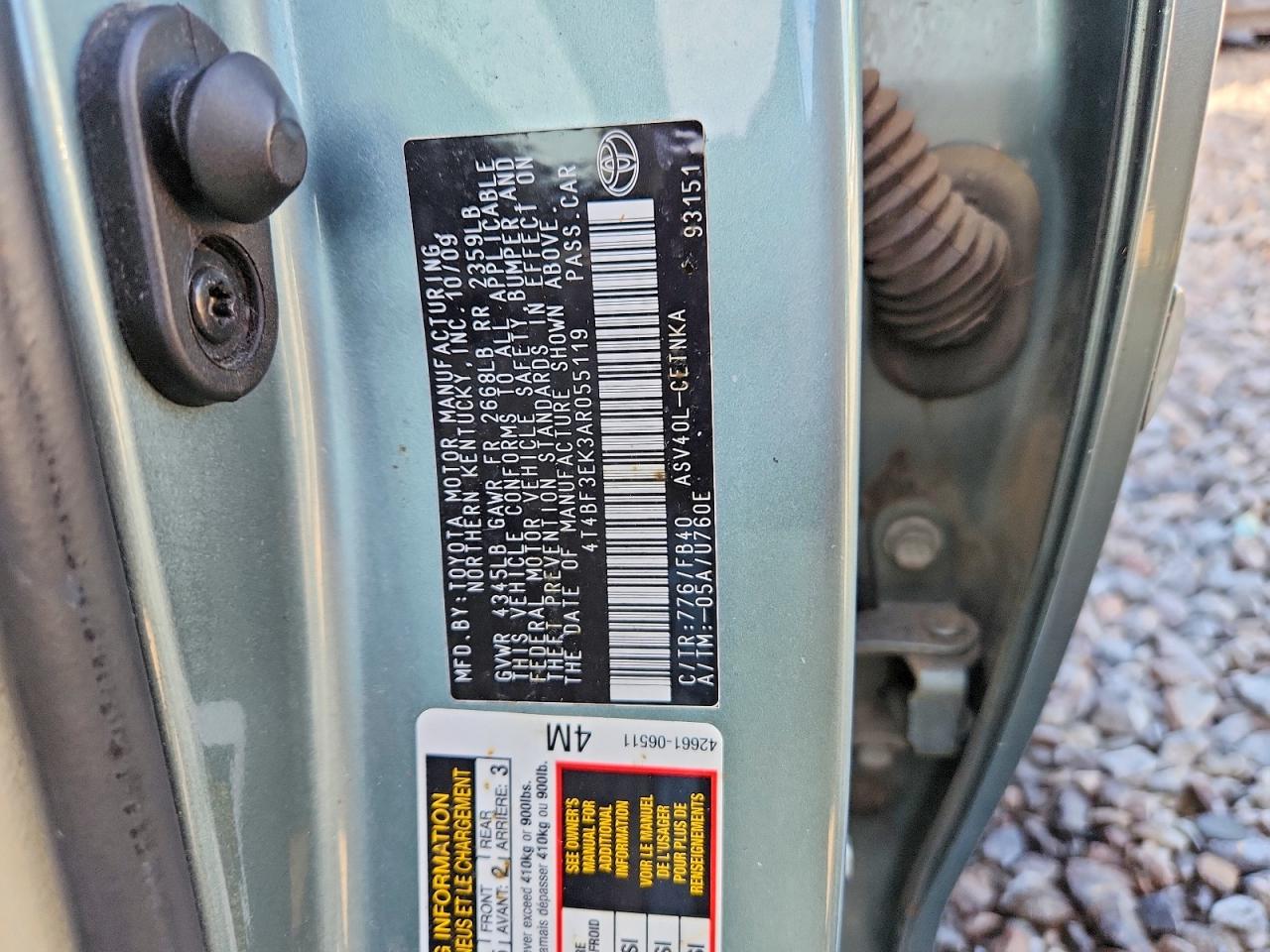 2010 Toyota Camry Le Teal vin: 4T4BF3EK3AR055119
