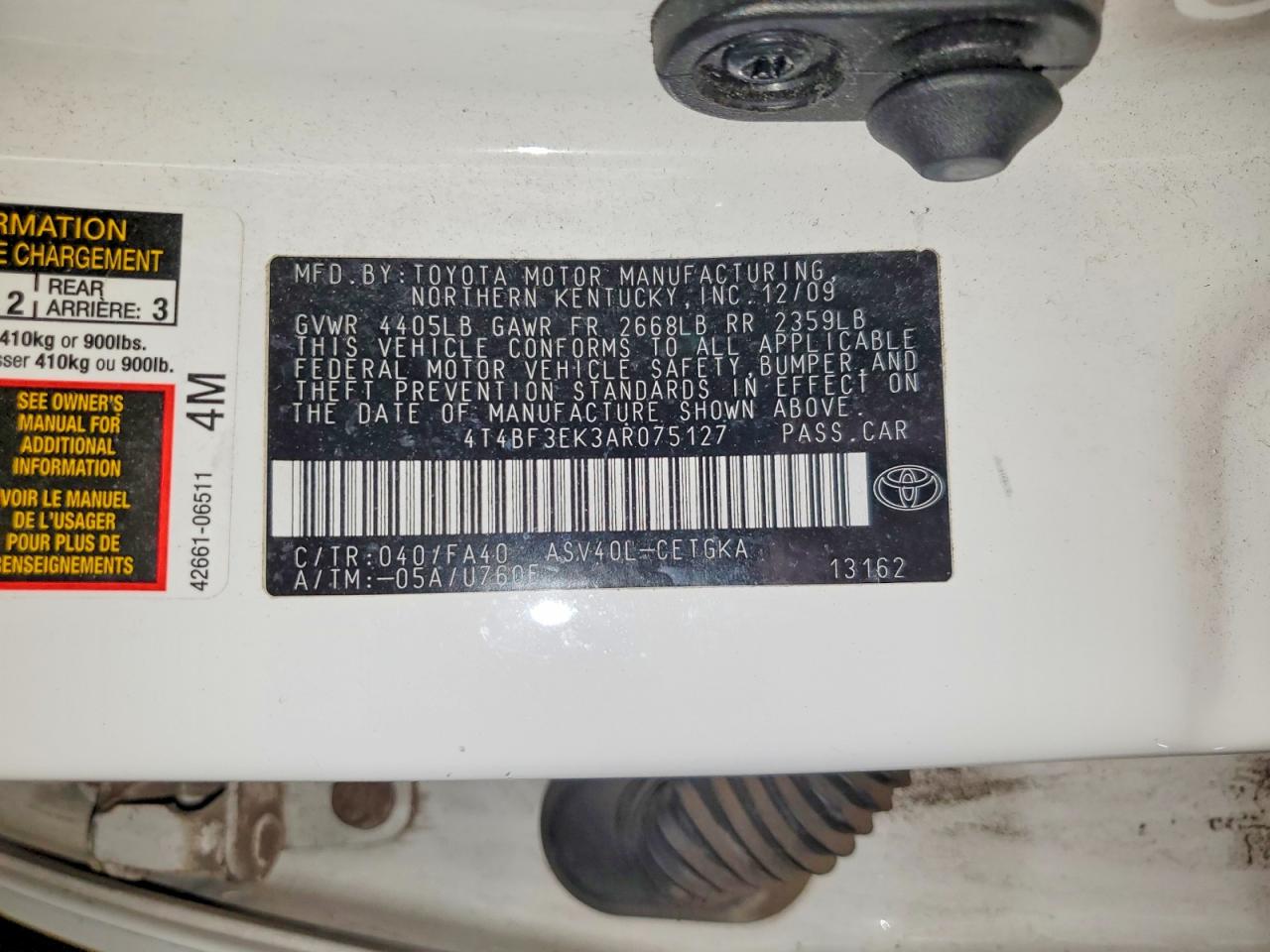 2010 Toyota Camry Xle White vin: 4T4BF3EK3AR075127