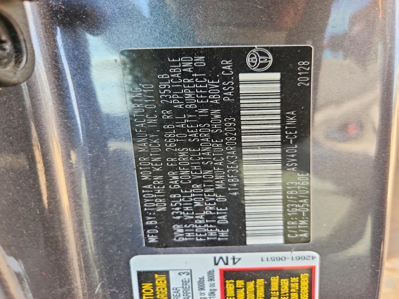 2010 Toyota Camry Le Угольный vin: 4T4BF3EK3AR082093