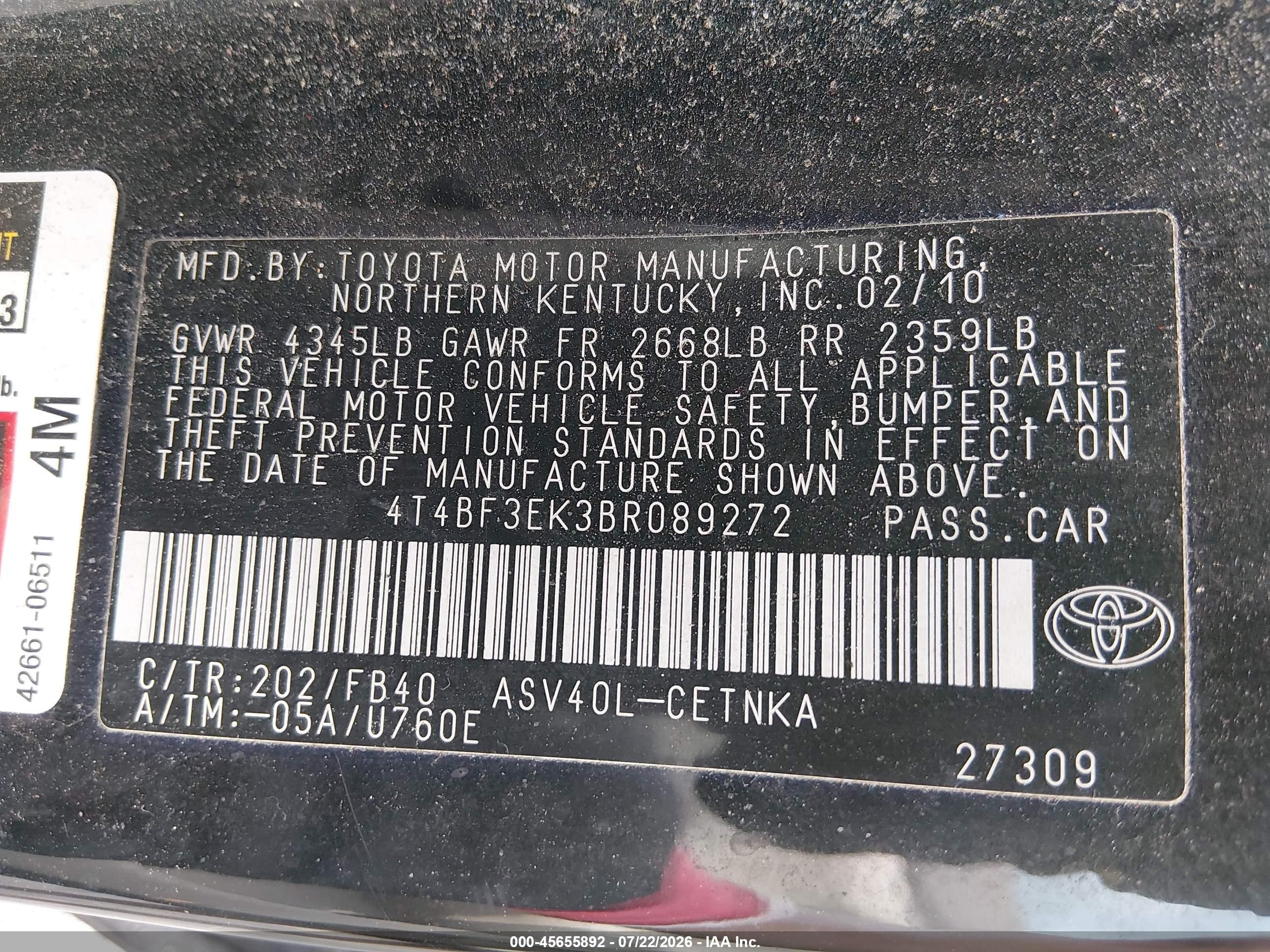 2011 Toyota Camry   Black vin: 4T4BF3EK3BR089272
