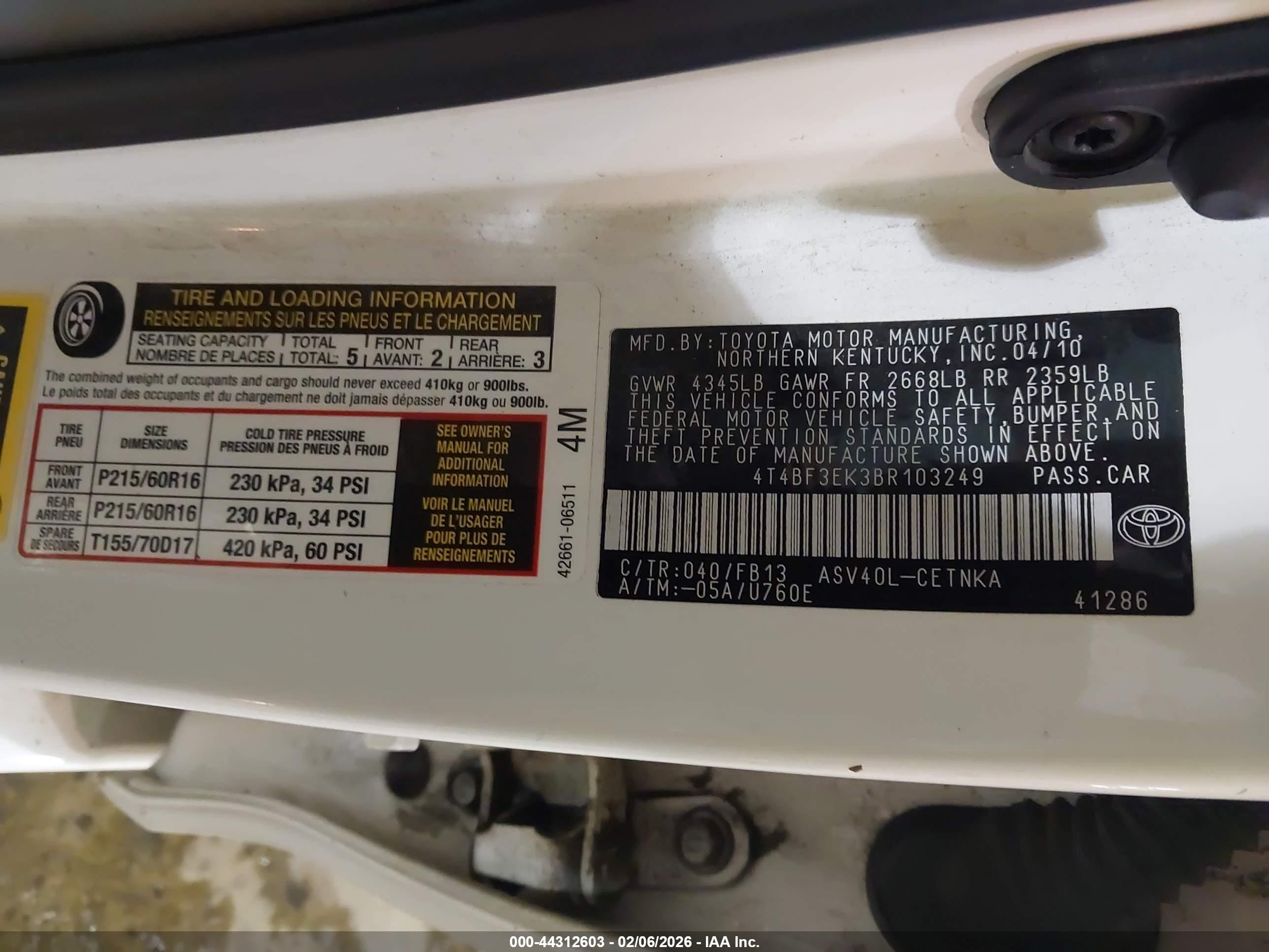 2011 Toyota Camry Le White vin: 4T4BF3EK3BR103249