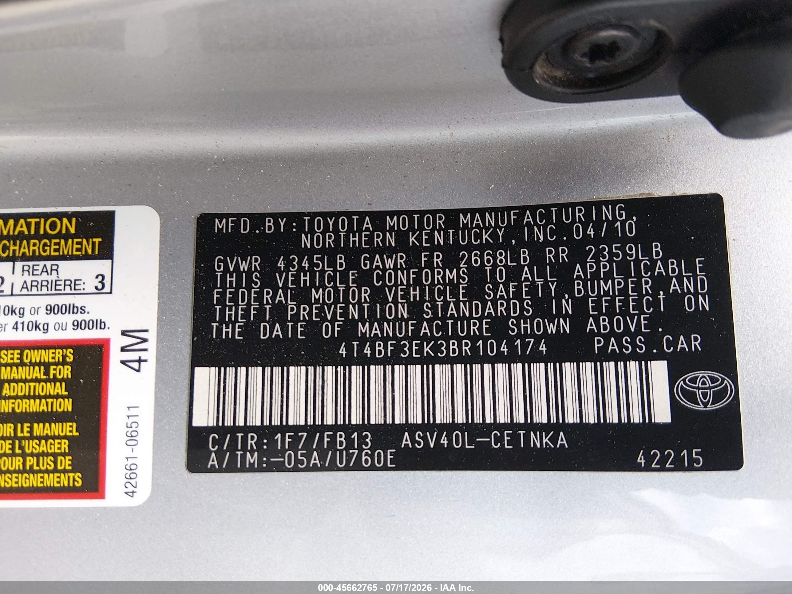 2011 Toyota Camry Le Серебряный vin: 4T4BF3EK3BR104174