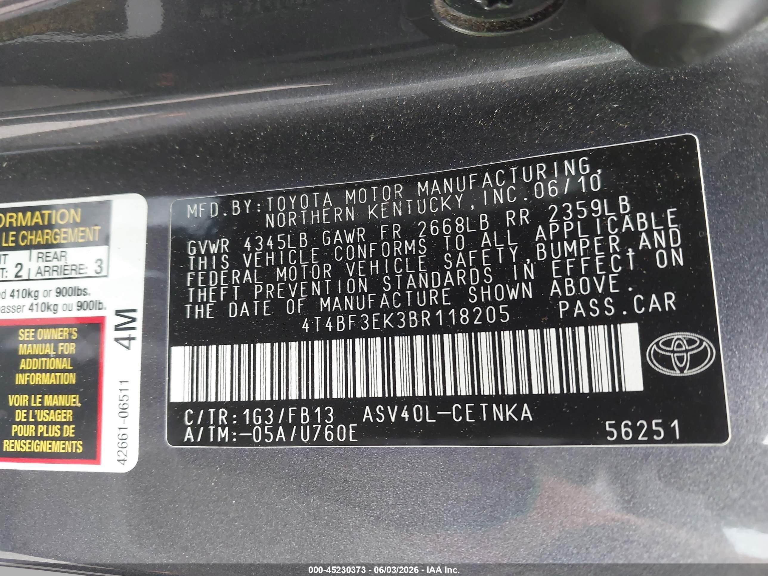 2011 Toyota Camry Le Серый vin: 4T4BF3EK3BR118205