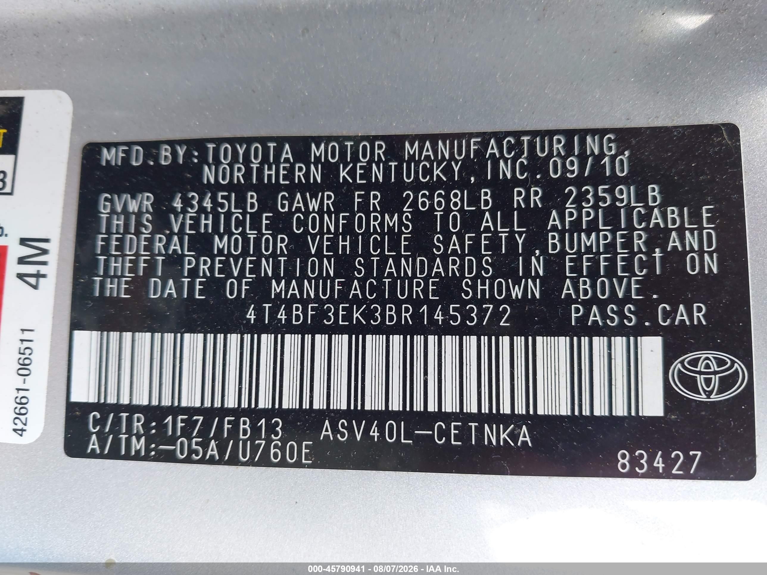 2011 Toyota Camry Le Серебряный vin: 4T4BF3EK3BR145372