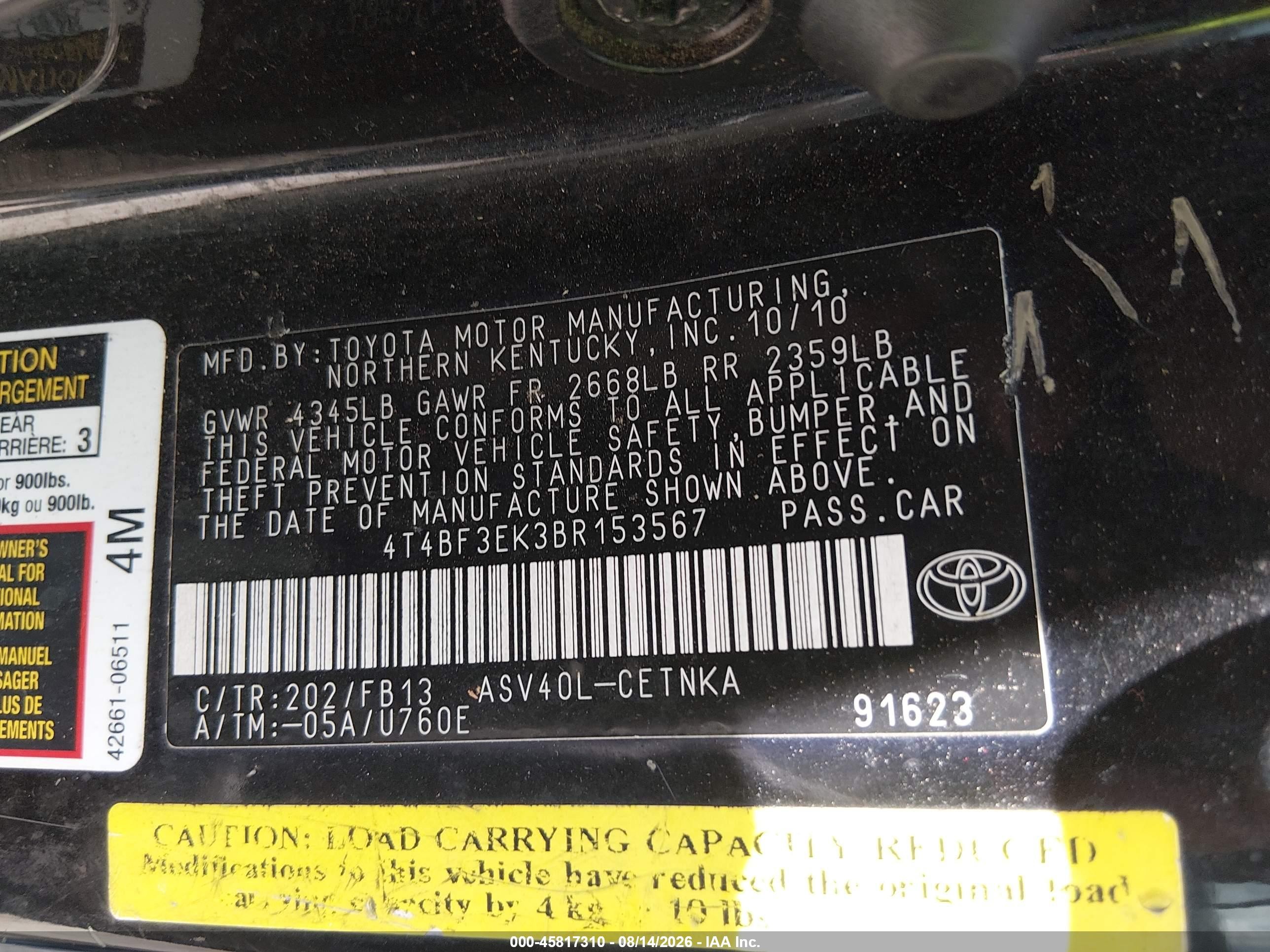 2011 Toyota Camry Le Black vin: 4T4BF3EK3BR153567