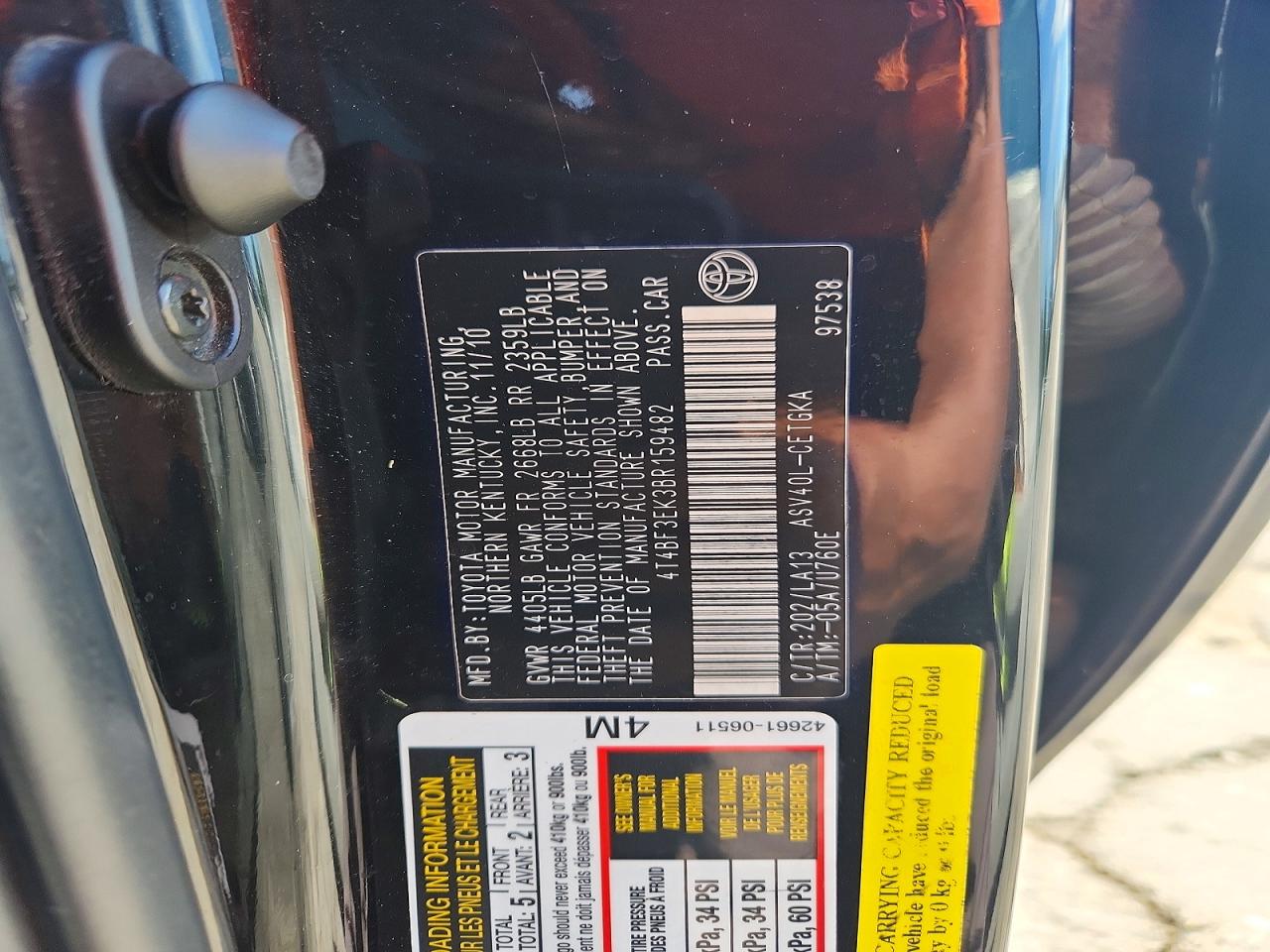 2011 Toyota Camry Xle Black vin: 4T4BF3EK3BR159482