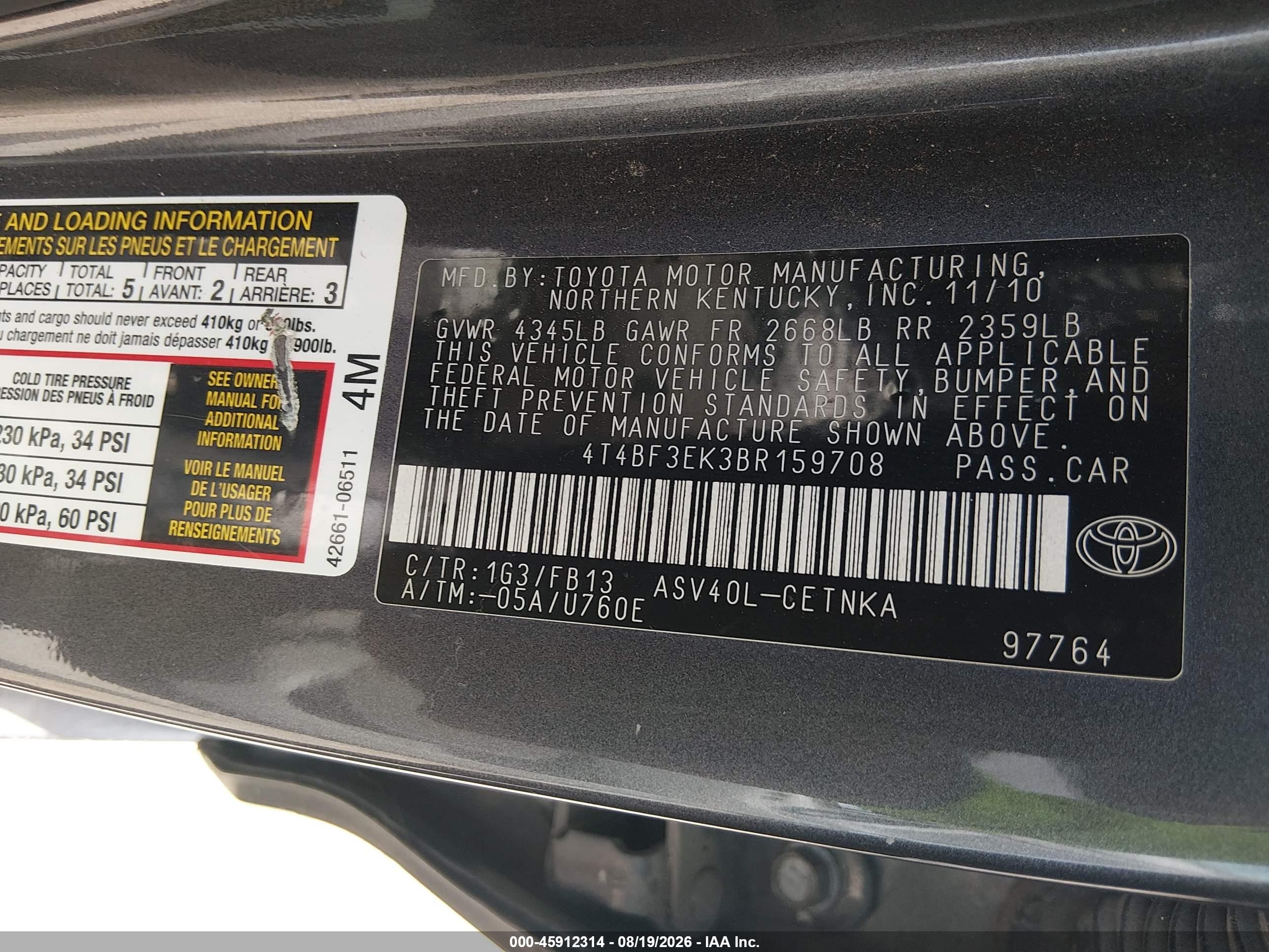 2011 Toyota Camry Le Серый vin: 4T4BF3EK3BR159708
