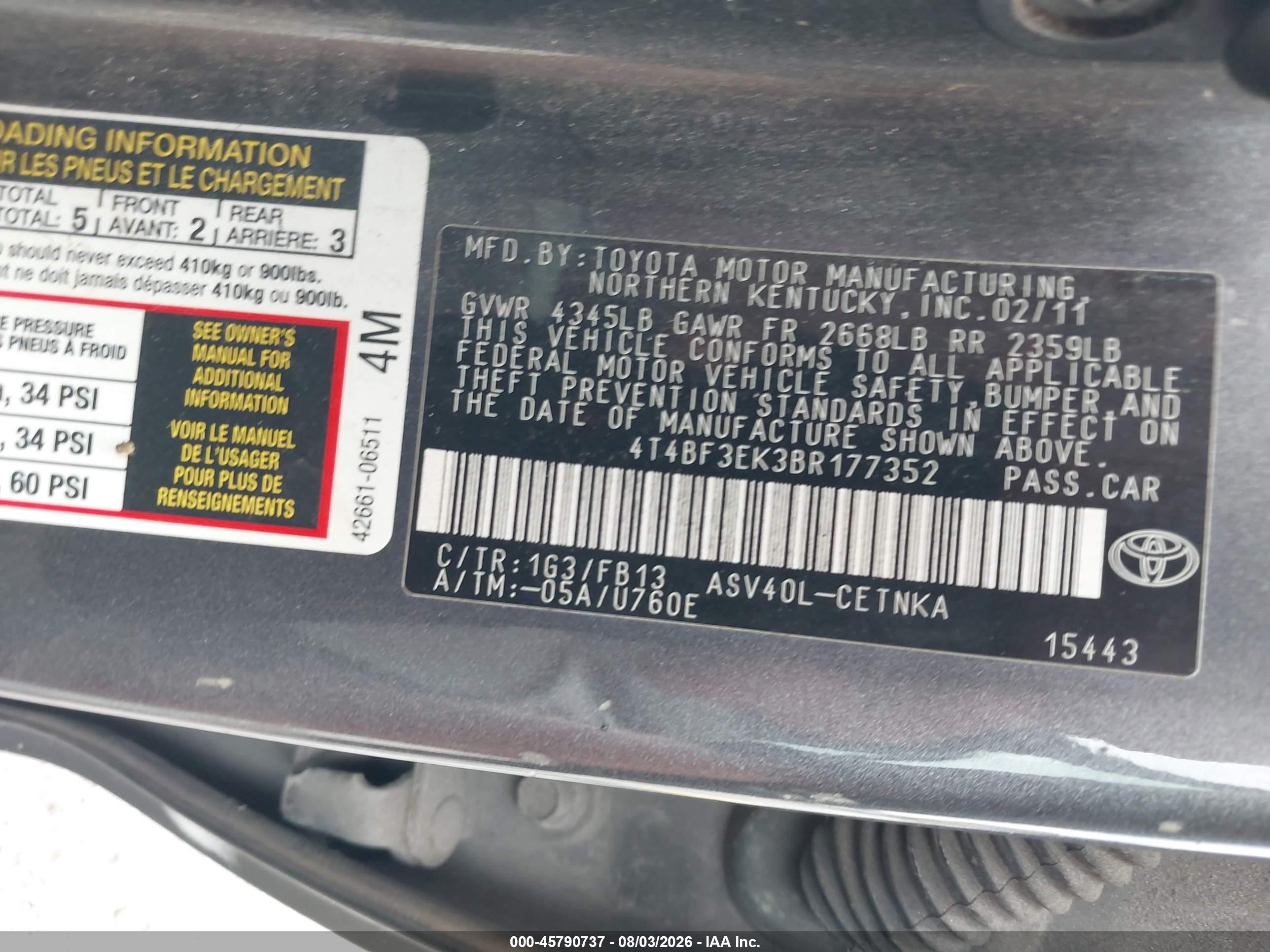 2011 Toyota Camry Le Black vin: 4T4BF3EK3BR177352