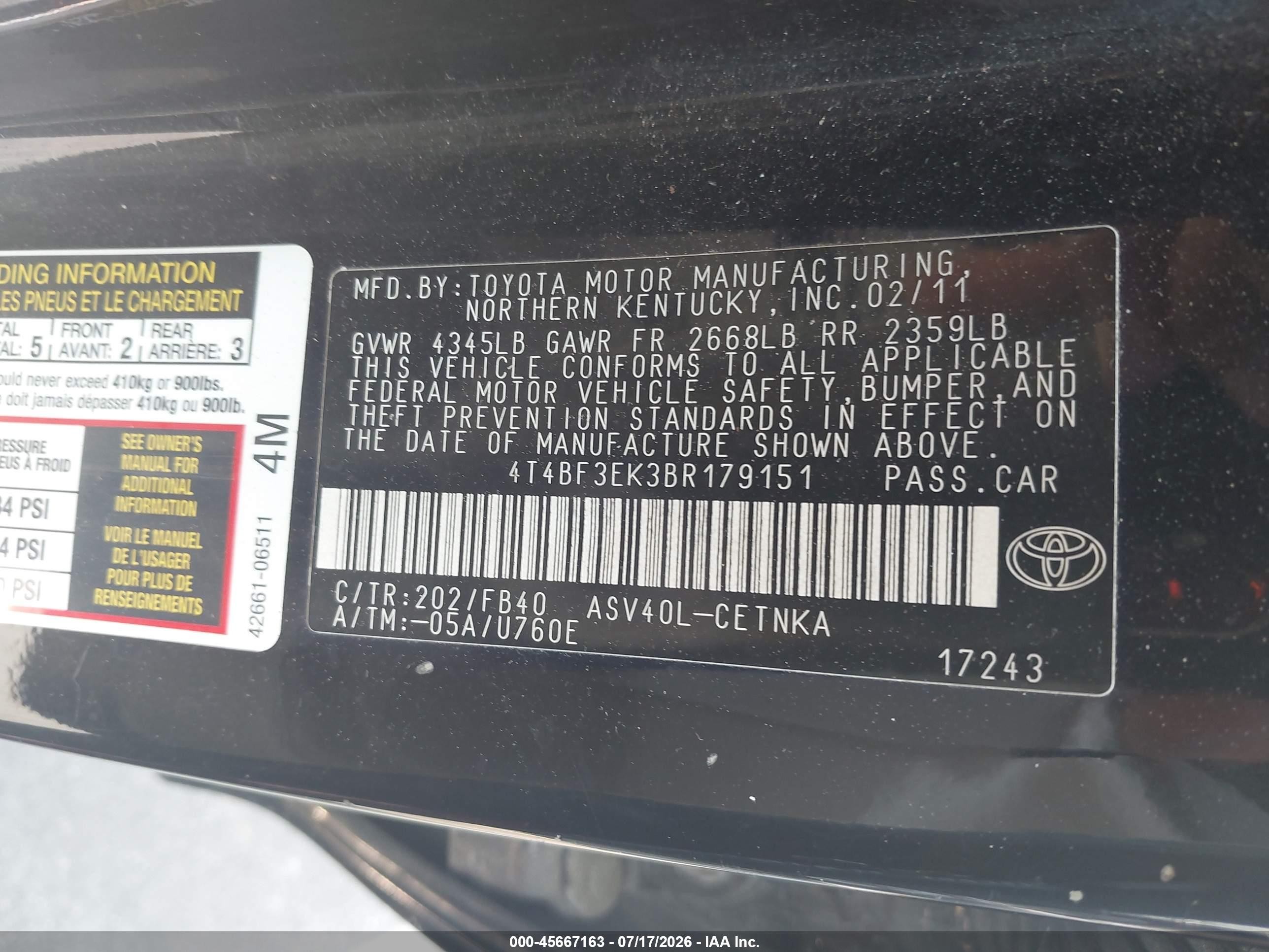2011 Toyota Camry Le Black vin: 4T4BF3EK3BR179151