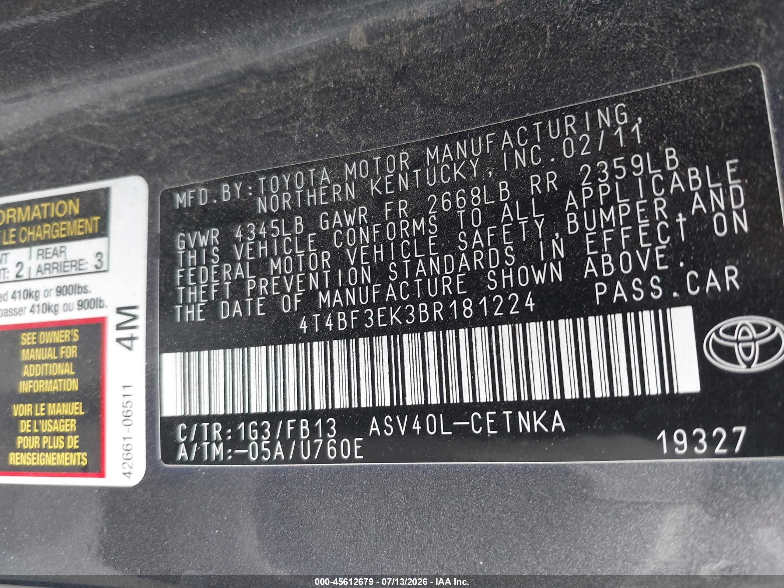 2011 Toyota Camry Le Gray vin: 4T4BF3EK3BR181224
