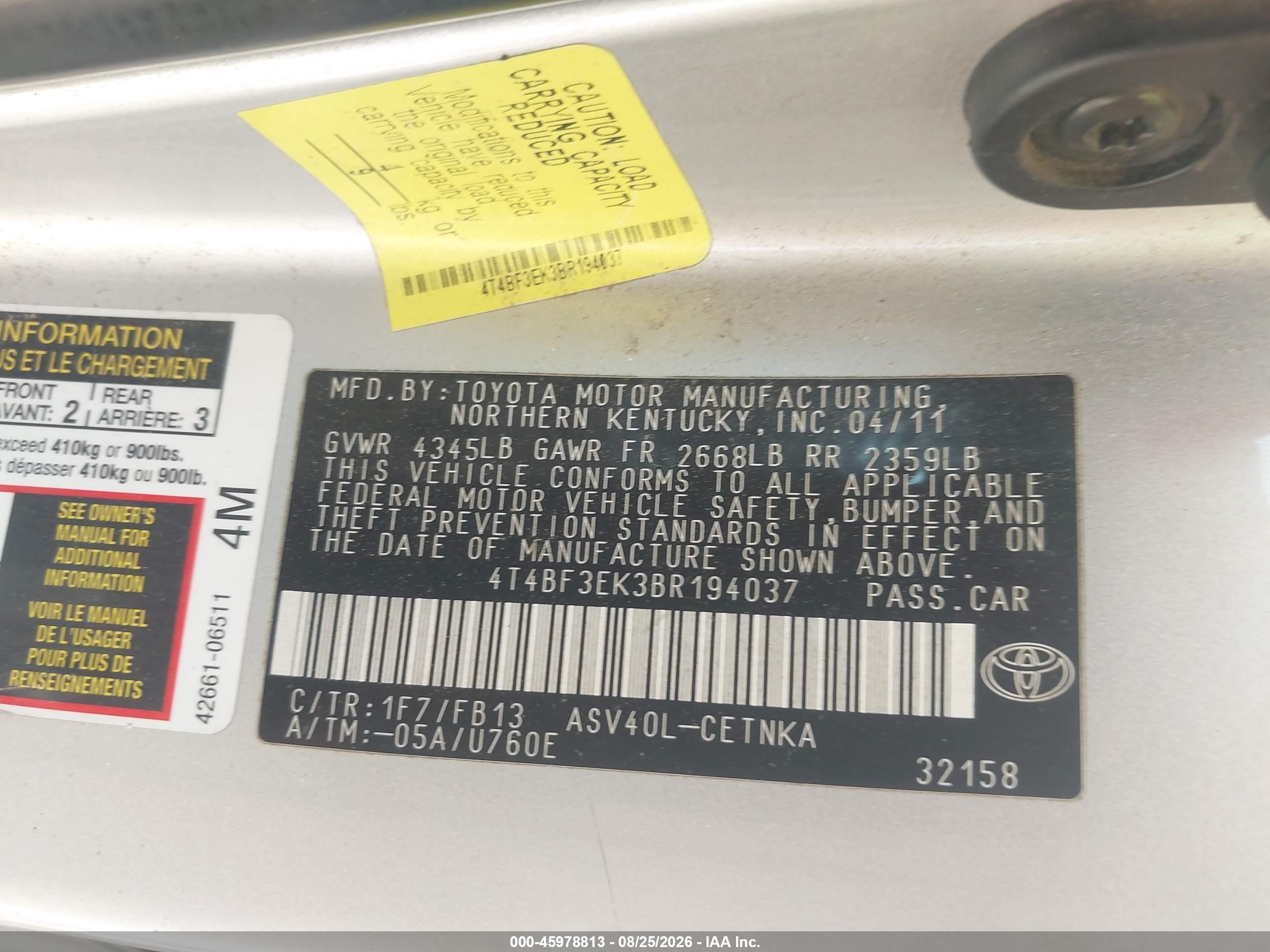 2011 Toyota Camry Le Gray vin: 4T4BF3EK3BR194037
