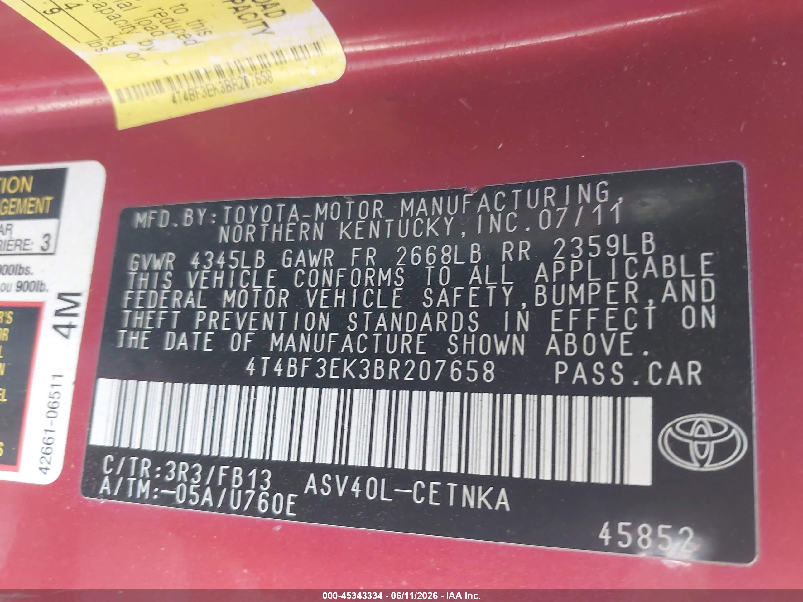 2011 Toyota Camry Le Red vin: 4T4BF3EK3BR207658