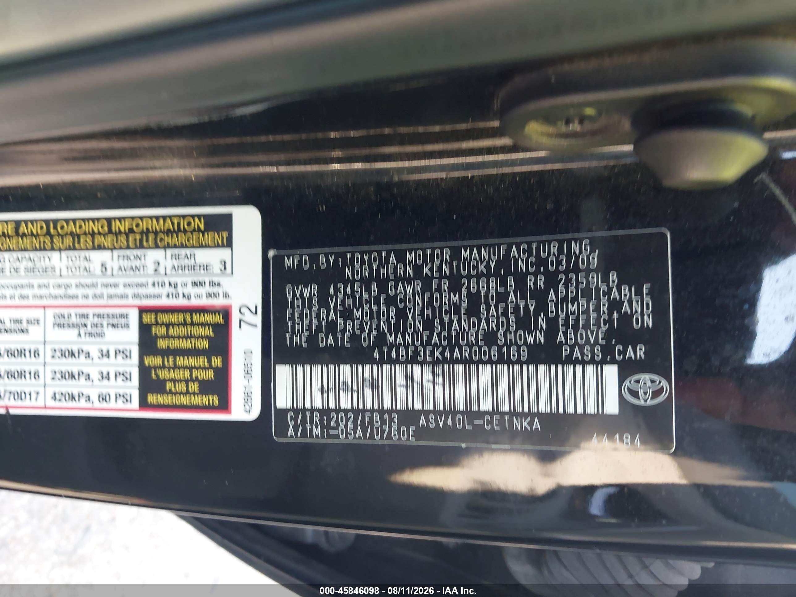 2010 Toyota Camry Le Черный vin: 4T4BF3EK4AR006169
