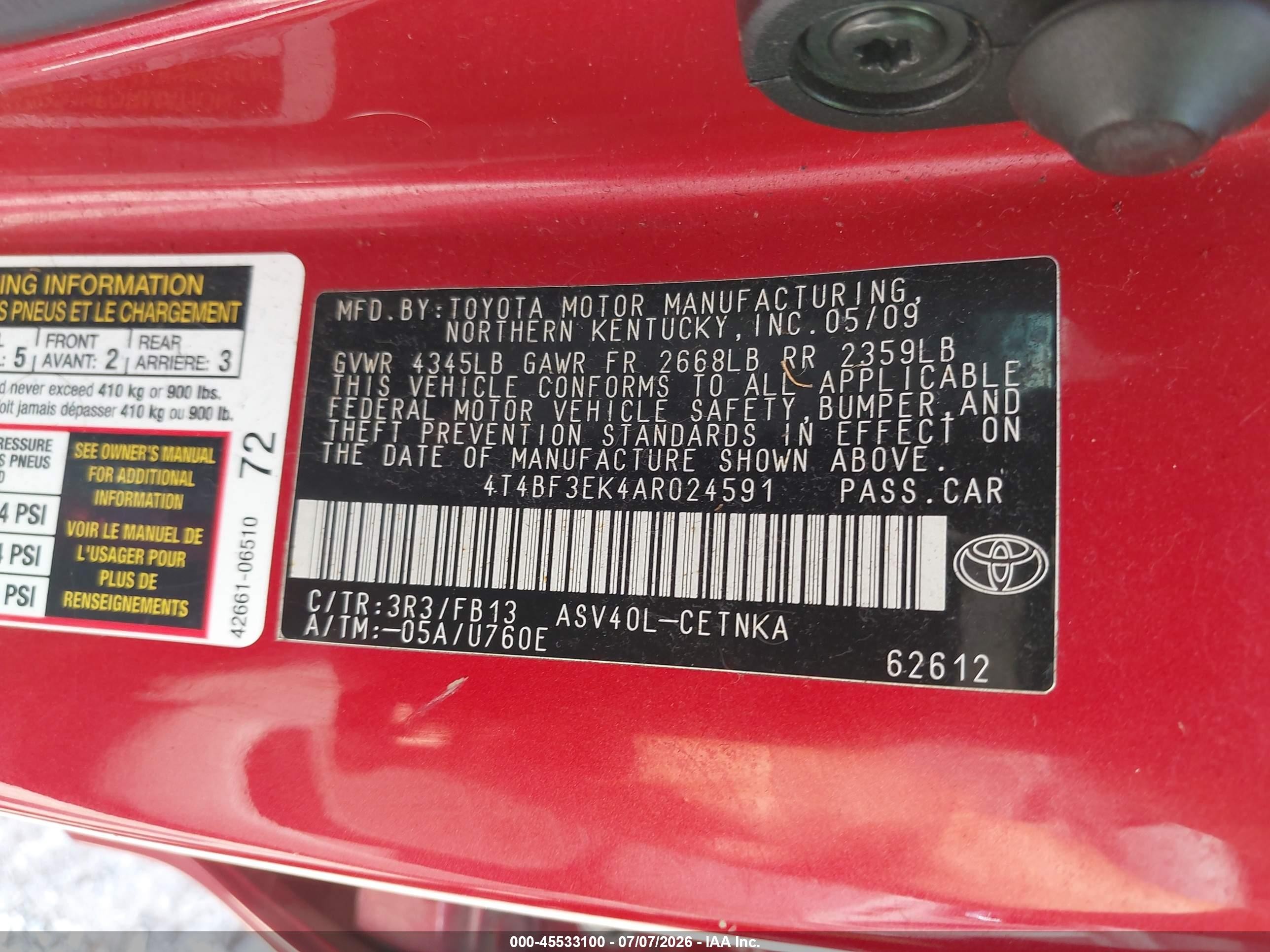 2010 Toyota Camry Le Red vin: 4T4BF3EK4AR024591