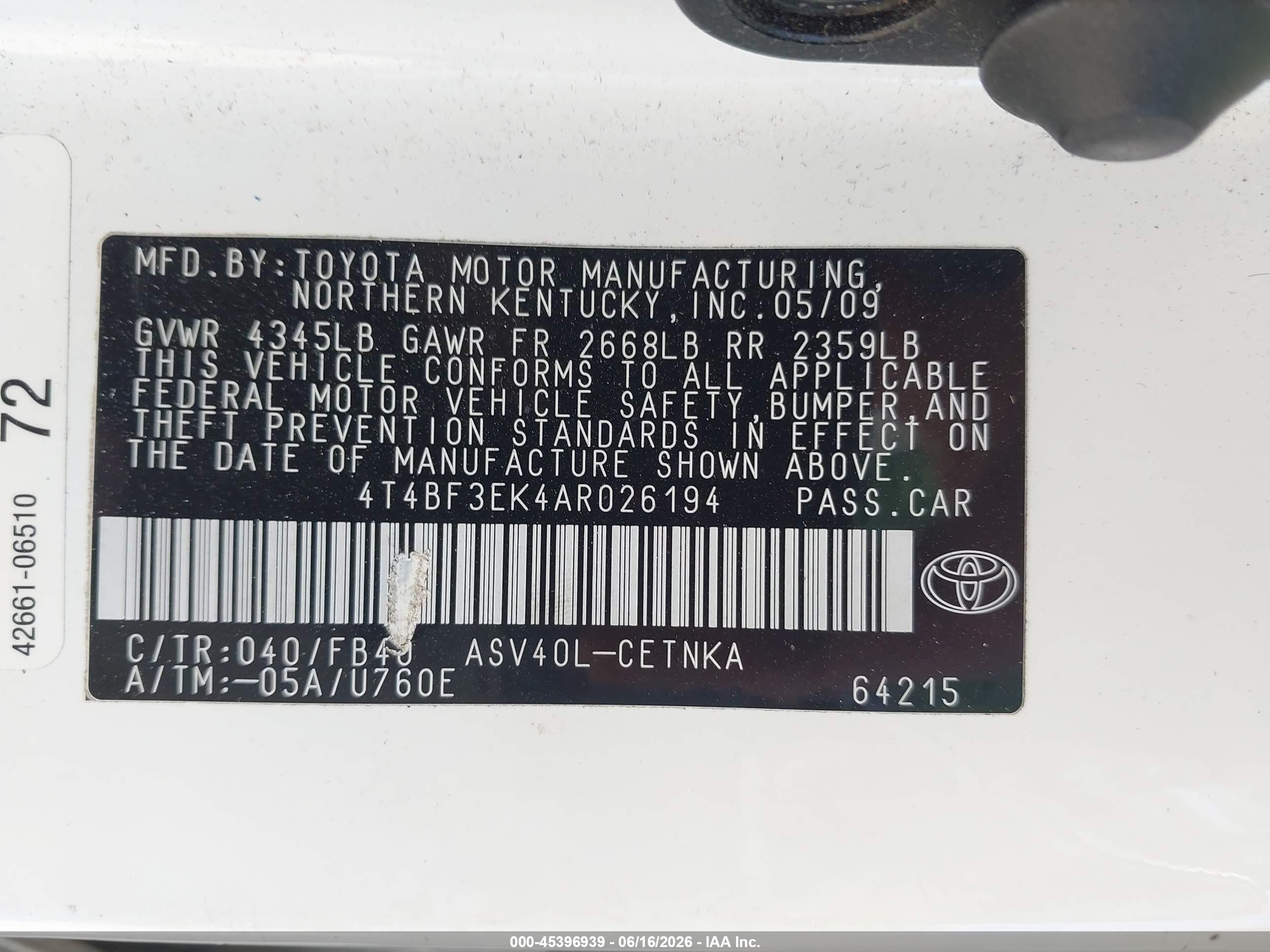 2010 Toyota Camry Le White vin: 4T4BF3EK4AR026194