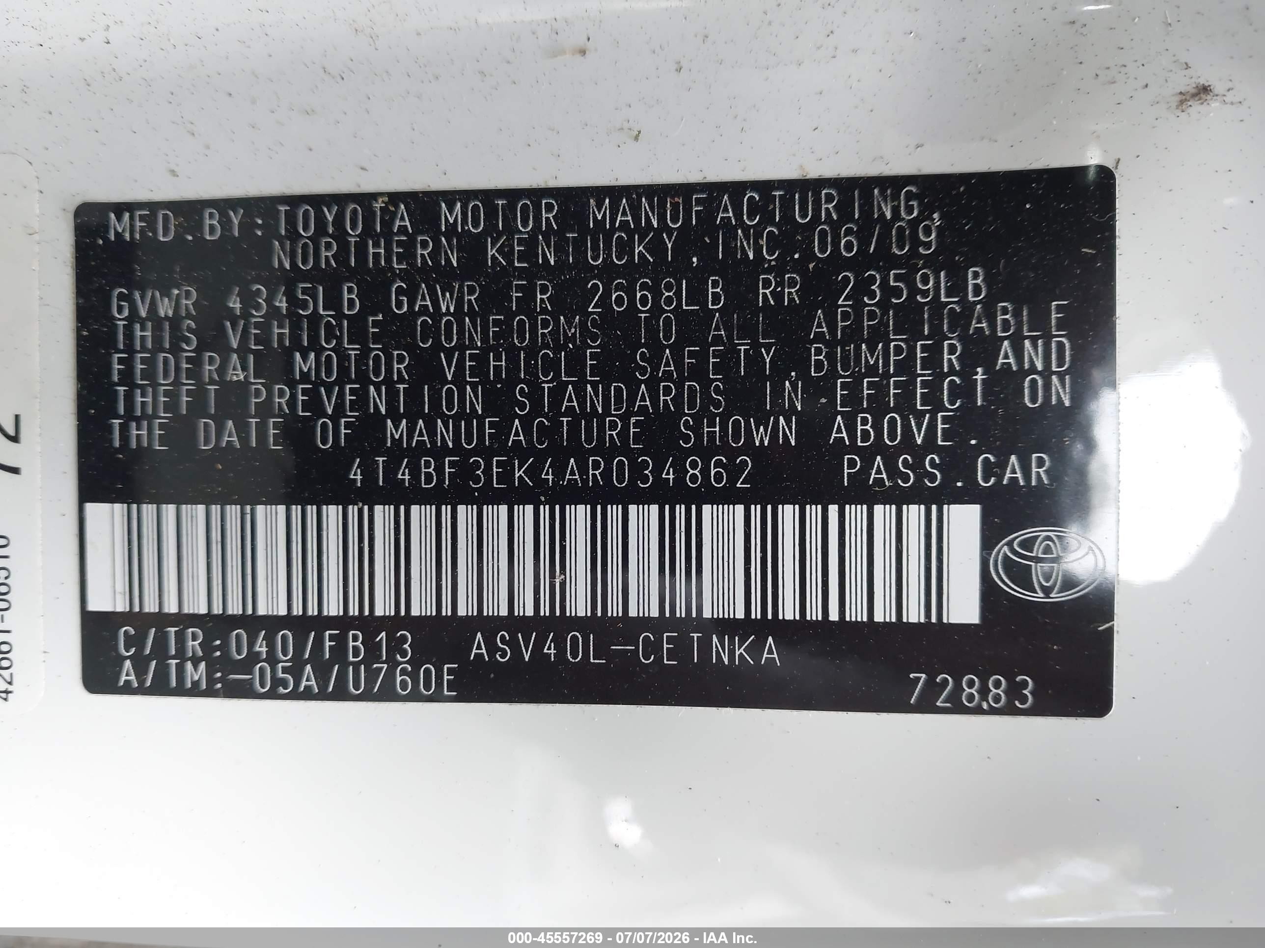 2010 Toyota Camry   White vin: 4T4BF3EK4AR034862