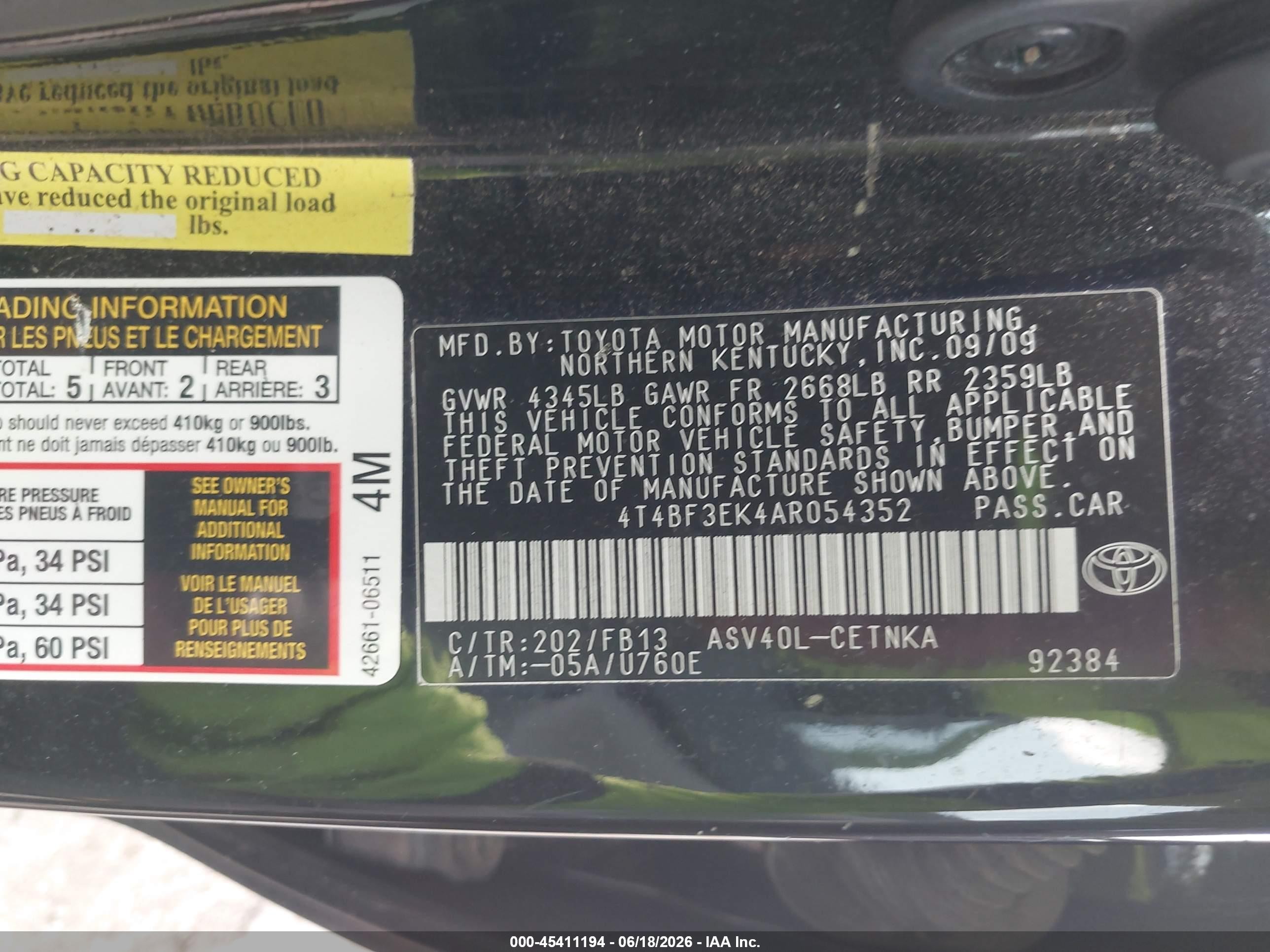 2010 Toyota Camry Le Black vin: 4T4BF3EK4AR054352