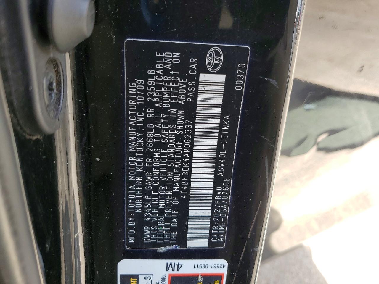 2010 Toyota Camry Base Black vin: 4T4BF3EK4AR062337