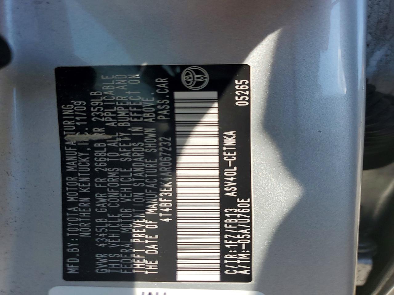 2010 Toyota Camry Base Silver vin: 4T4BF3EK4AR067232