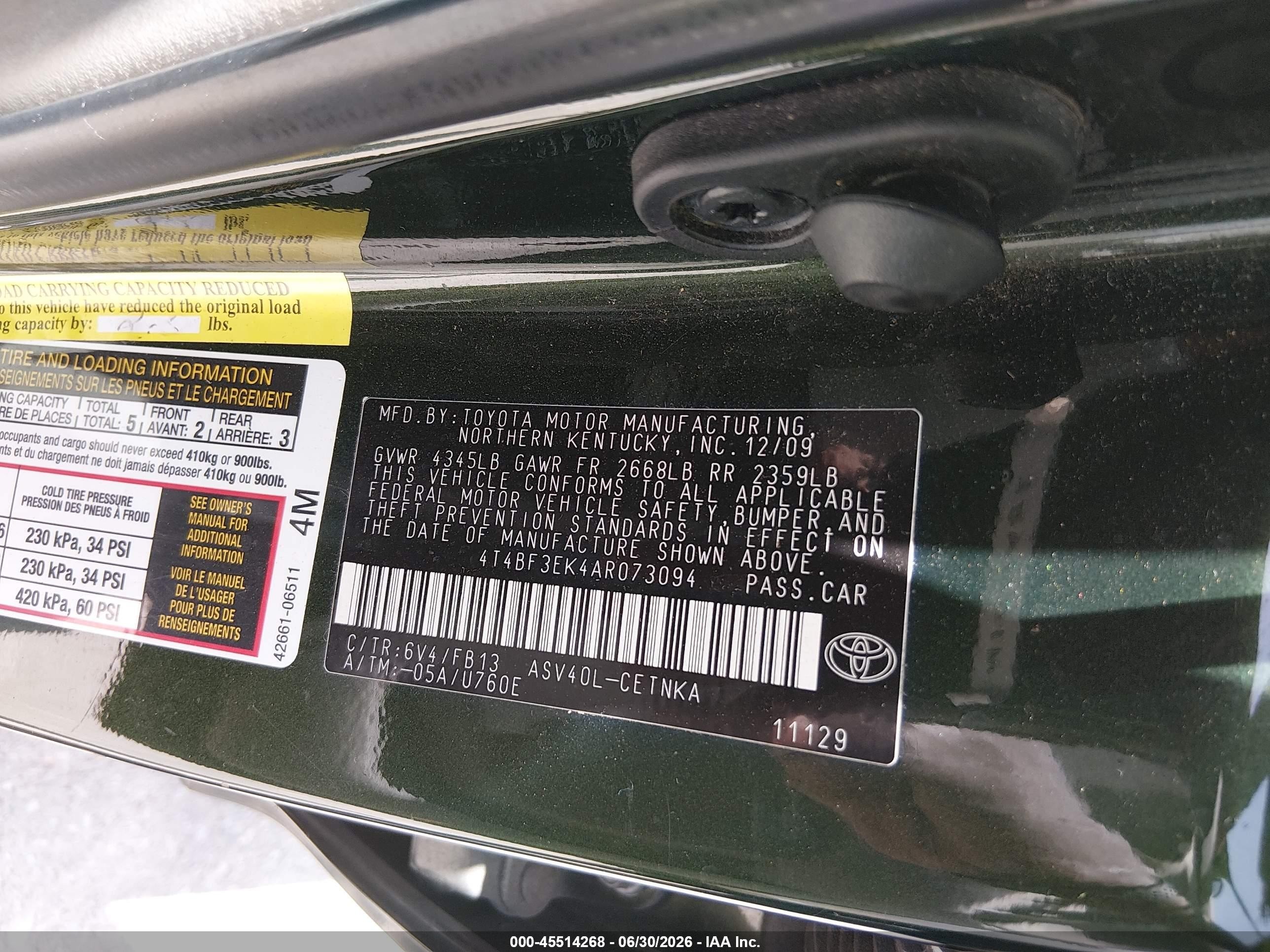 2010 Toyota Camry Le Green vin: 4T4BF3EK4AR073094