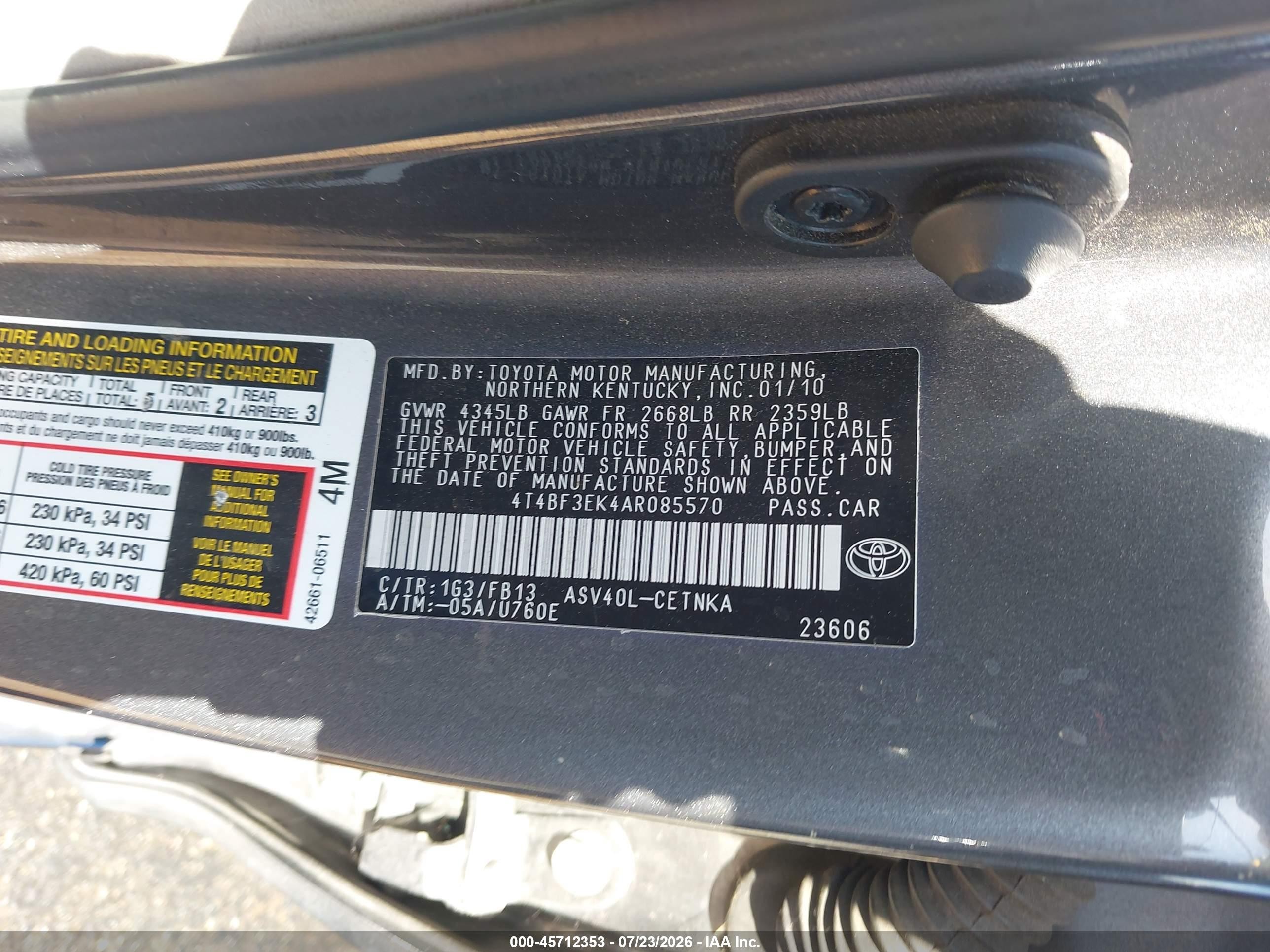 2010 Toyota Camry Le Серый vin: 4T4BF3EK4AR085570