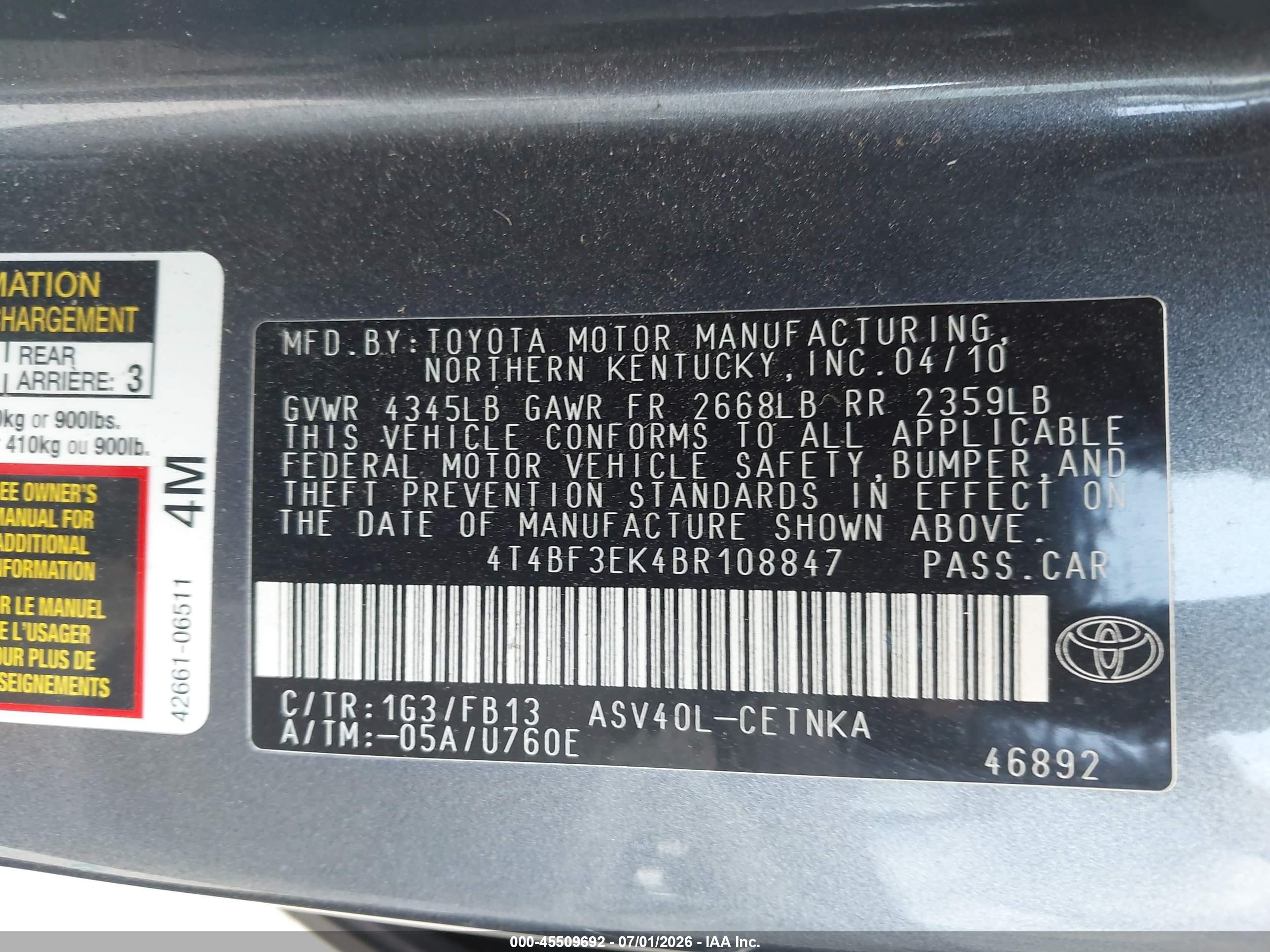 2011 Toyota Camry Le Gray vin: 4T4BF3EK4BR108847