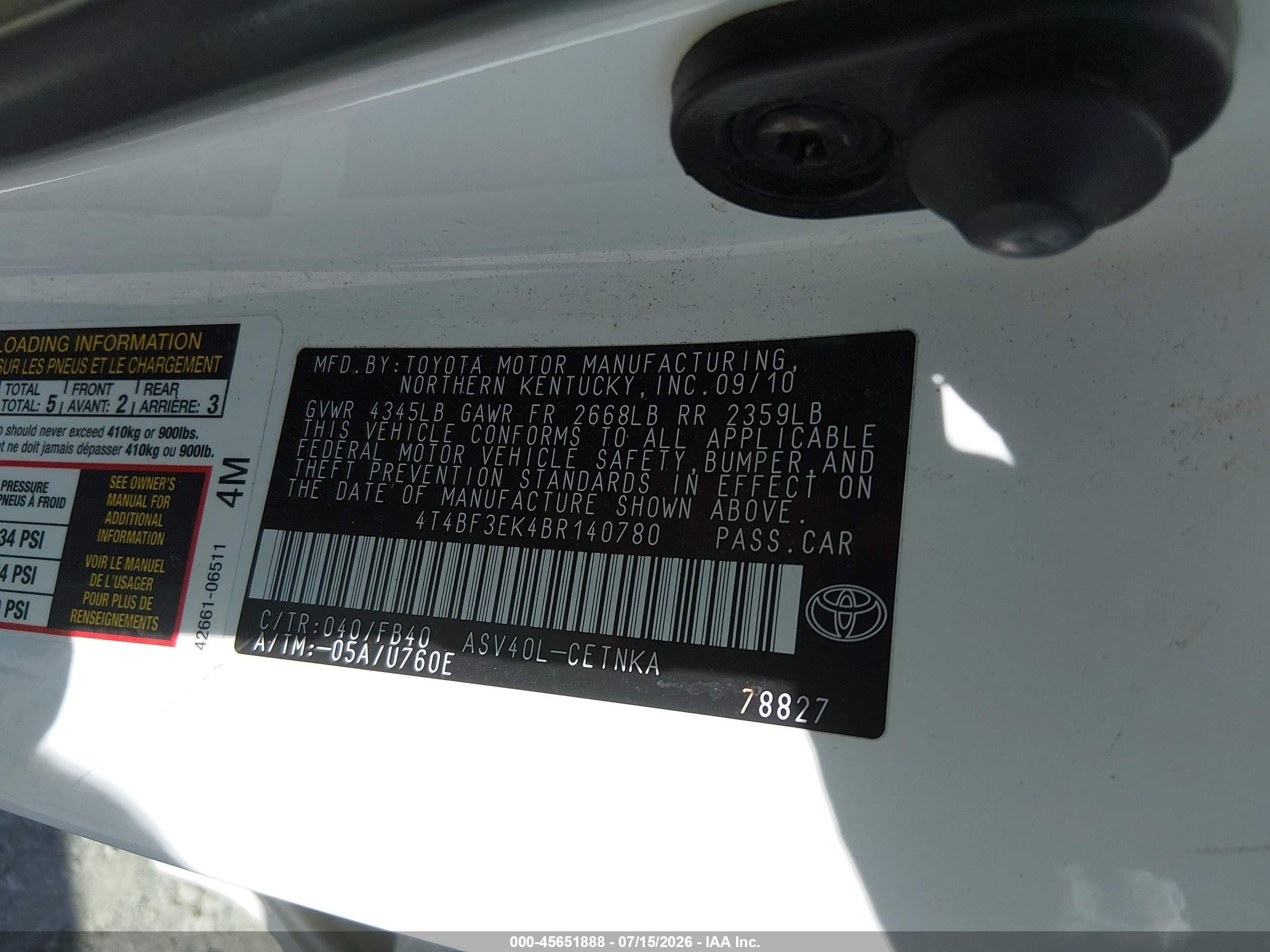 2011 Toyota Camry Le White vin: 4T4BF3EK4BR140780