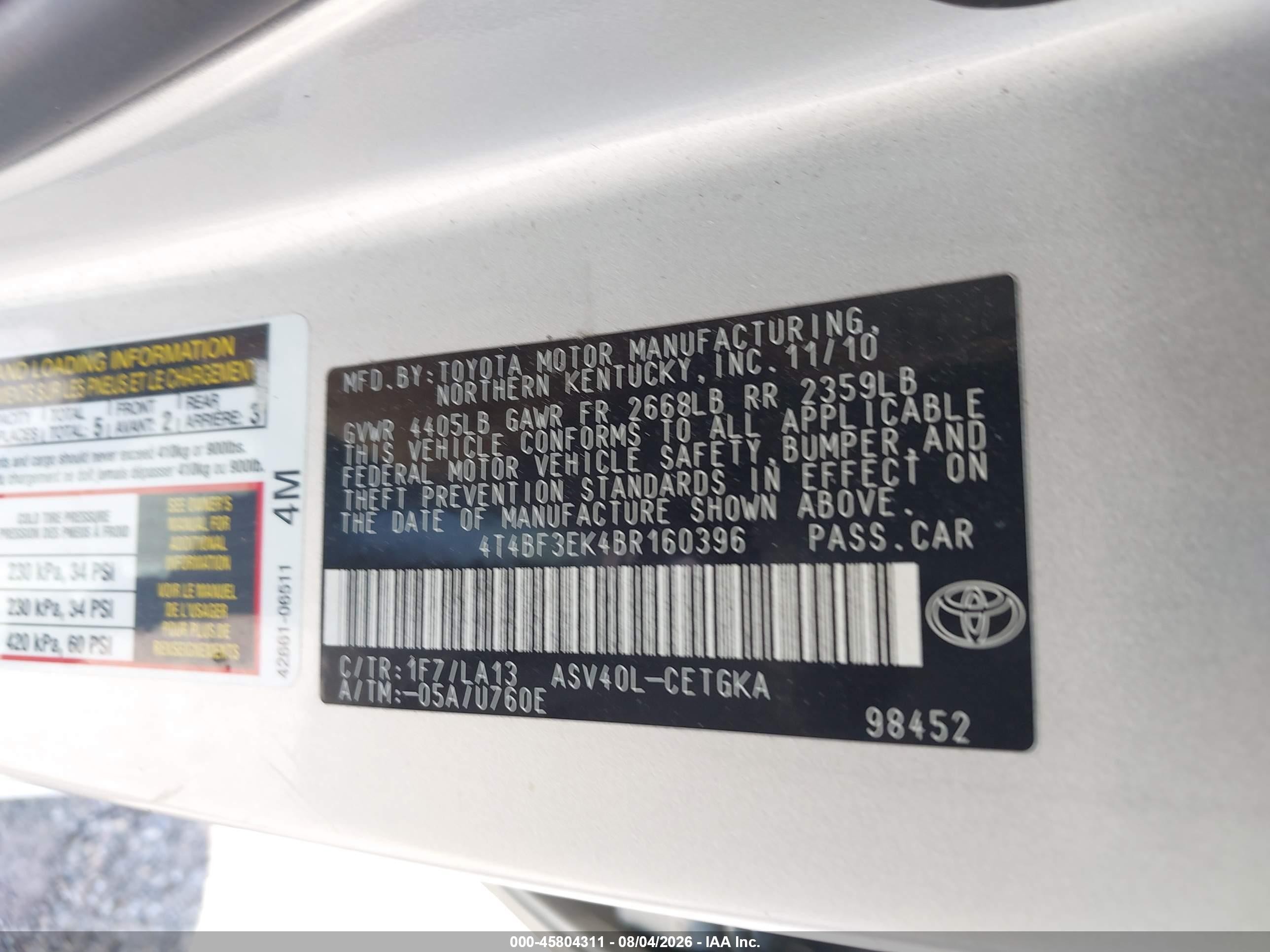 2011 Toyota Camry Xle Silver vin: 4T4BF3EK4BR160396