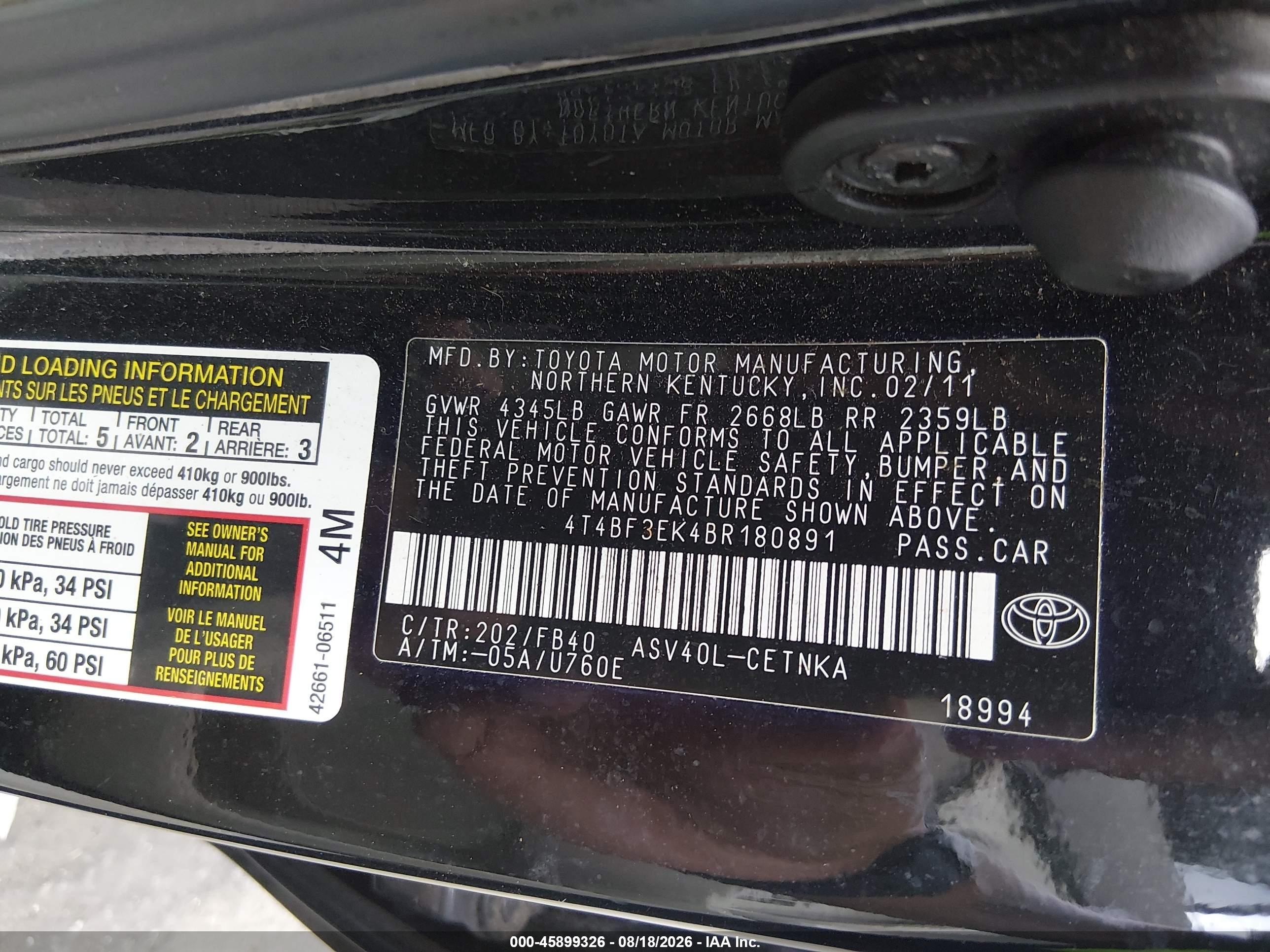 2011 Toyota Camry Le Black vin: 4T4BF3EK4BR180891