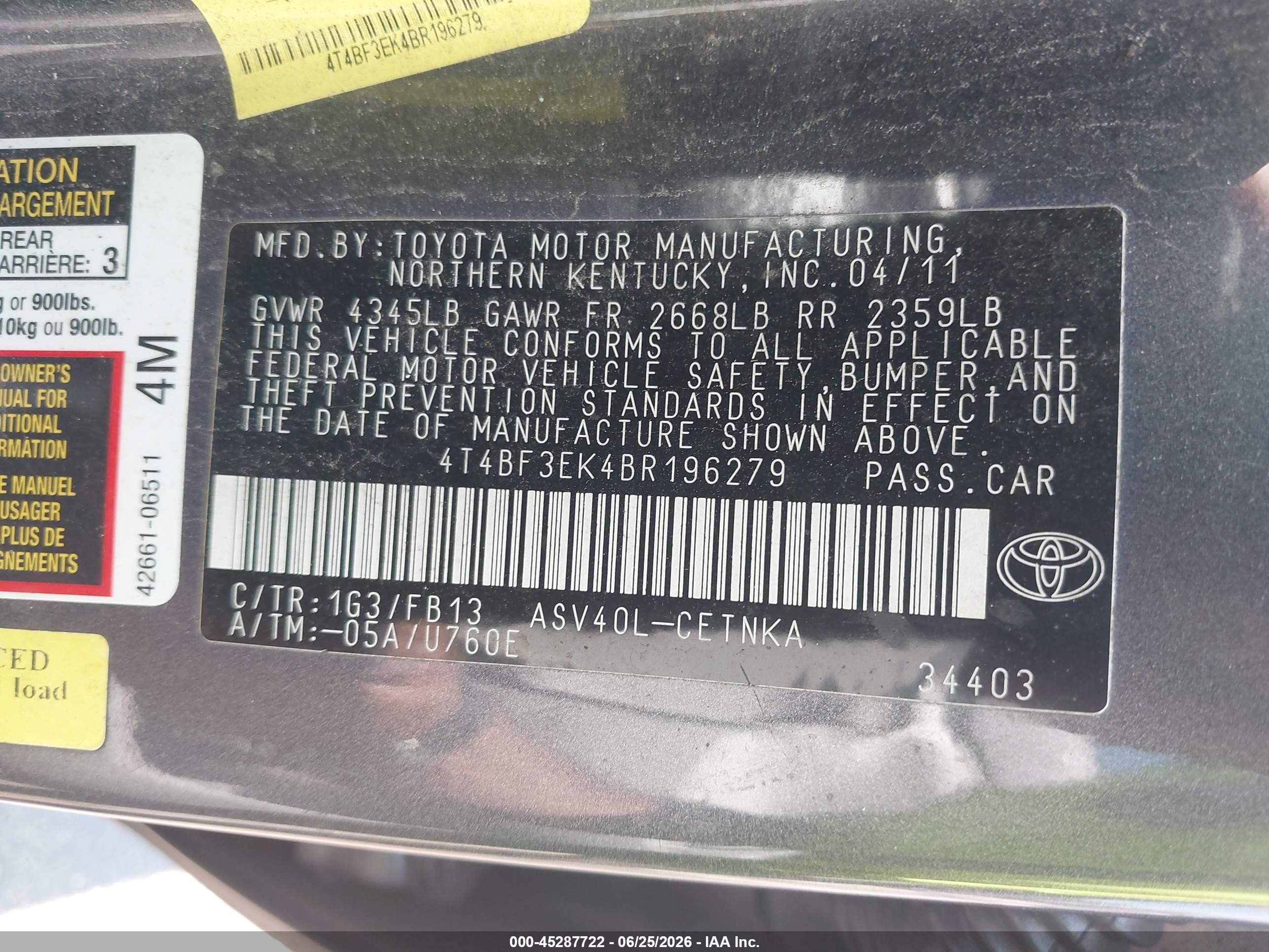 2011 Toyota Camry Le Gray vin: 4T4BF3EK4BR196279