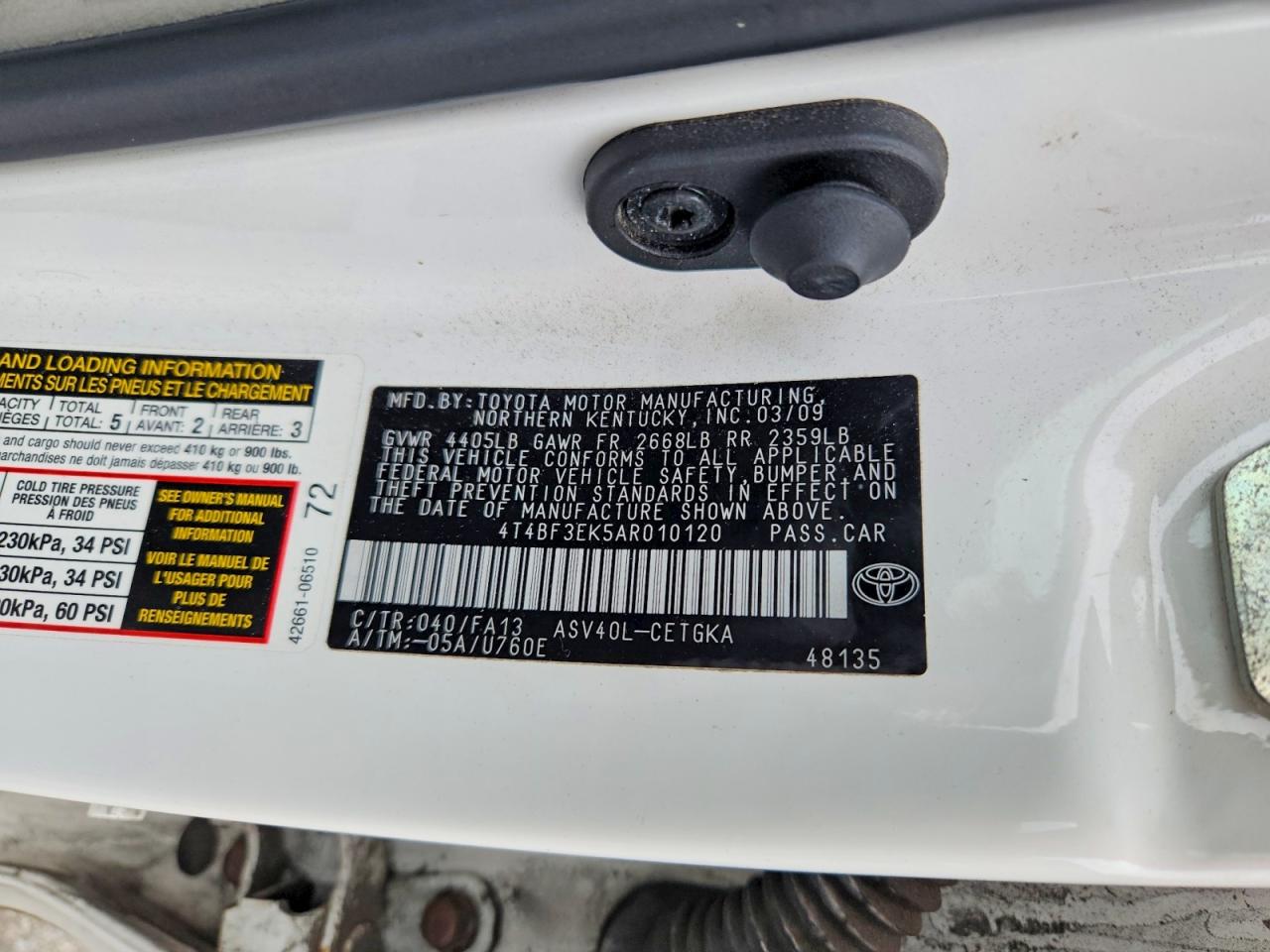 2010 Toyota Camry Xle White vin: 4T4BF3EK5AR010120