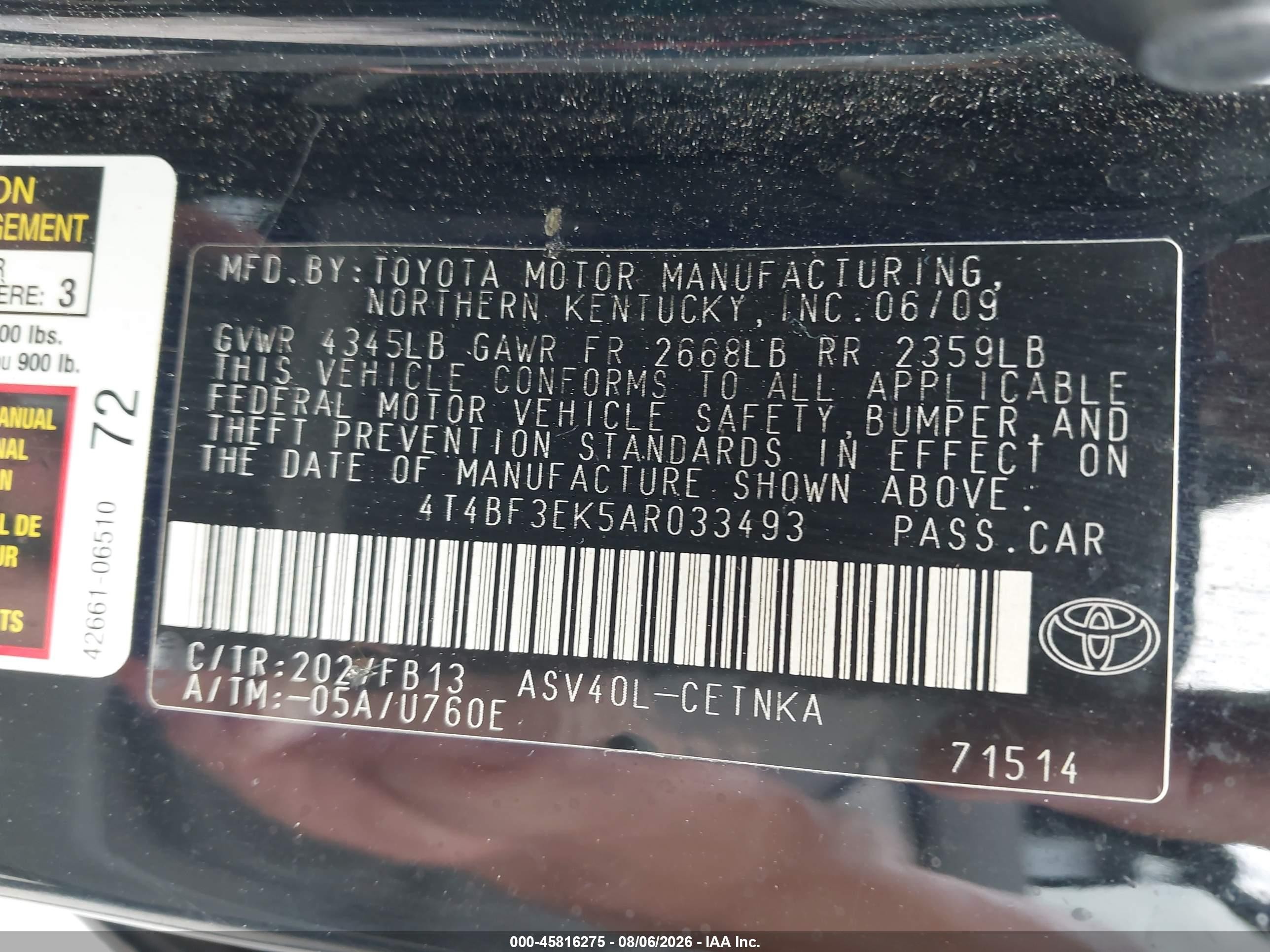 2010 Toyota Camry Le Black vin: 4T4BF3EK5AR033493