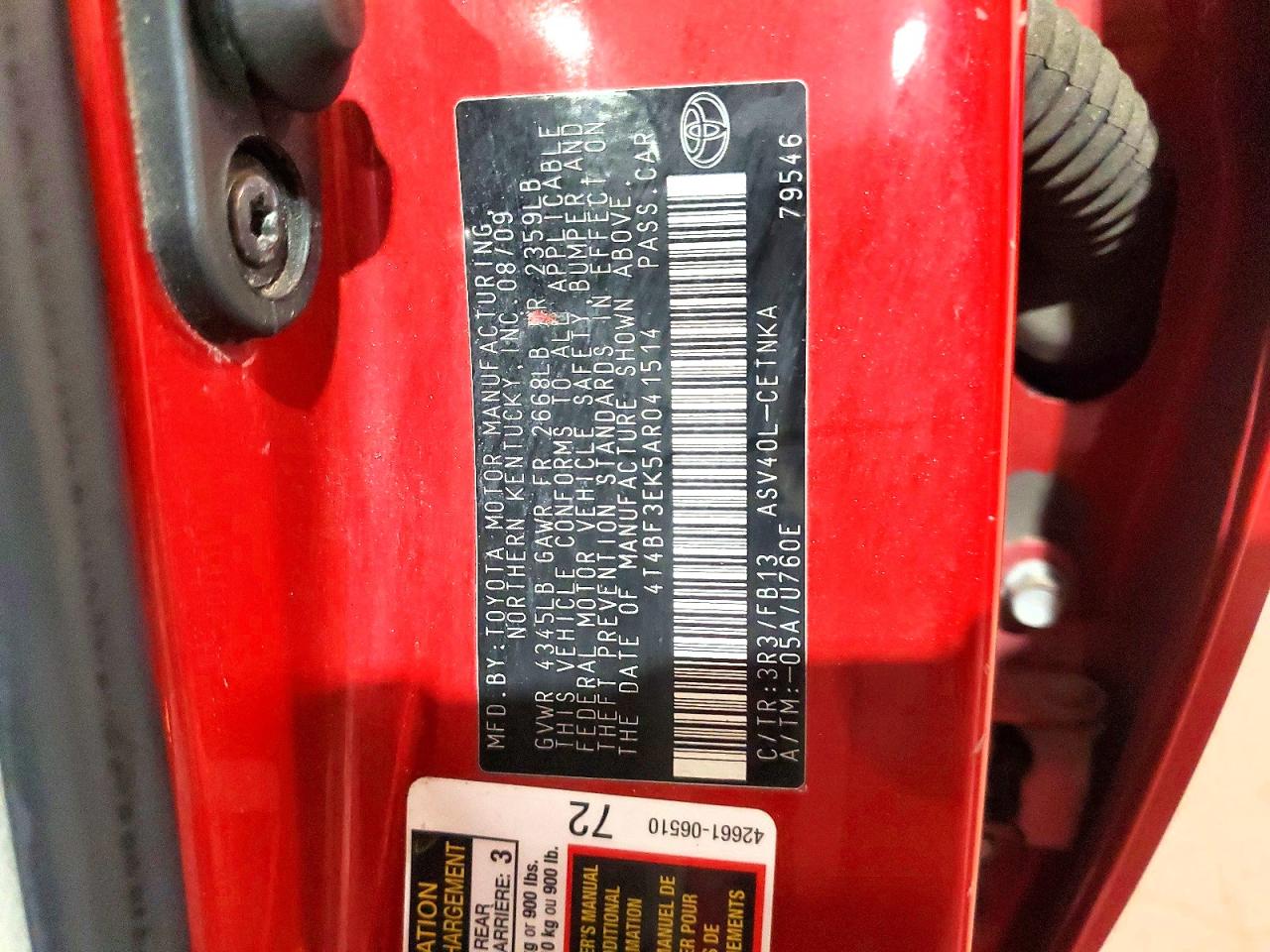 2010 Toyota Camry Le Red vin: 4T4BF3EK5AR041514