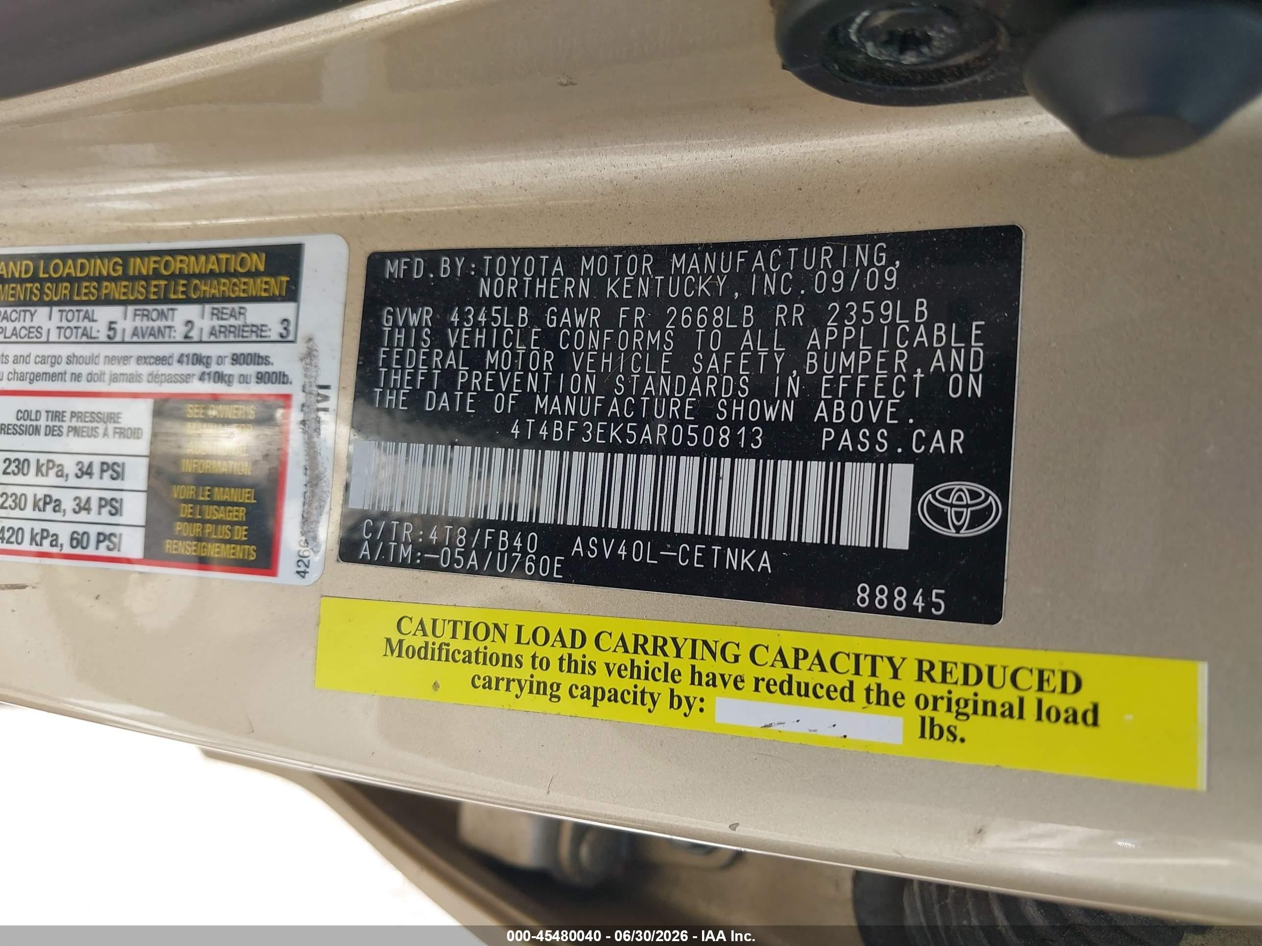 2010 Toyota Camry Le Gold vin: 4T4BF3EK5AR050813