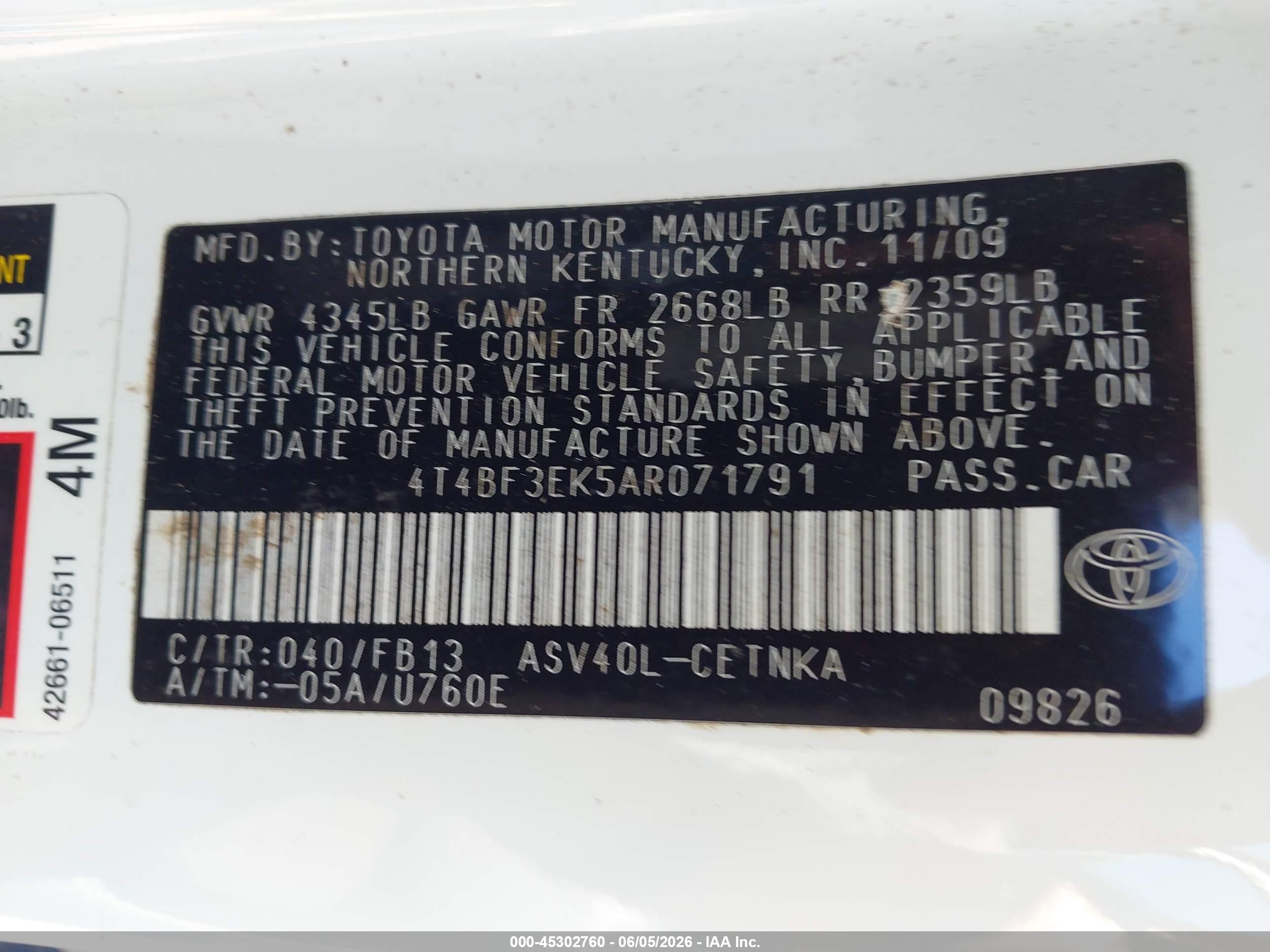 2010 Toyota Camry Le White vin: 4T4BF3EK5AR071791