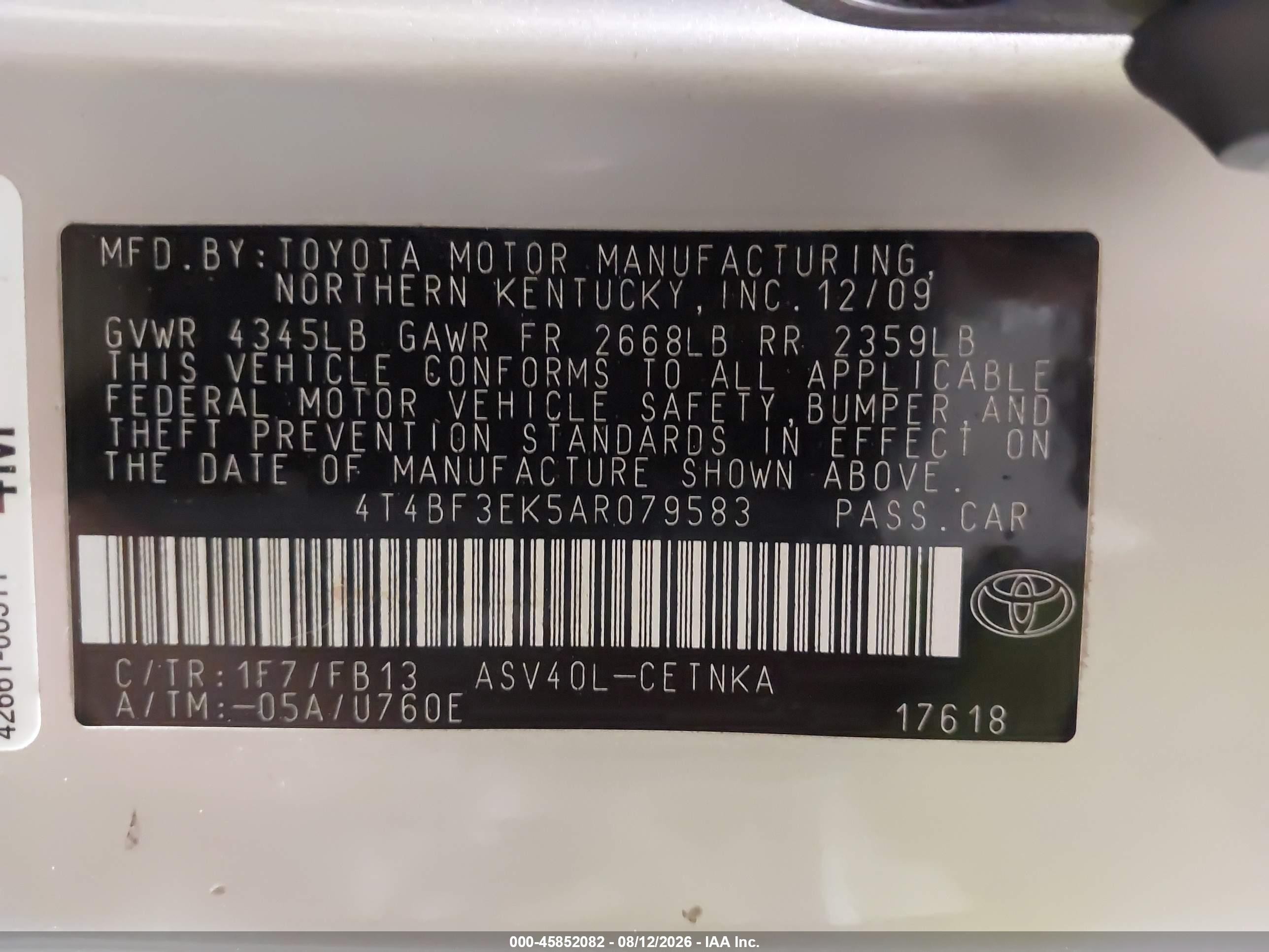 2010 Toyota Camry Le Silver vin: 4T4BF3EK5AR079583
