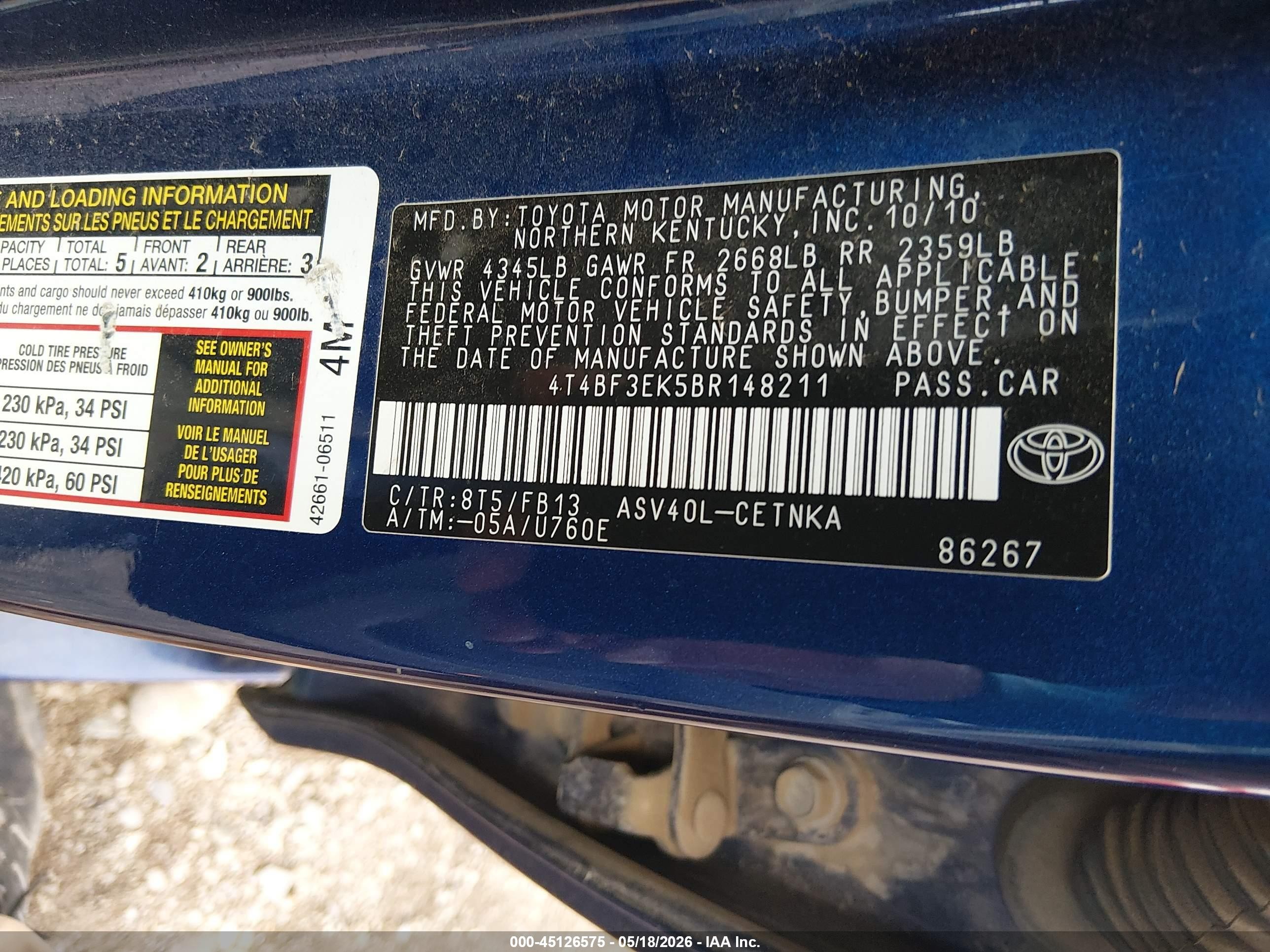 2011 Toyota Camry Le Blue vin: 4T4BF3EK5BR148211