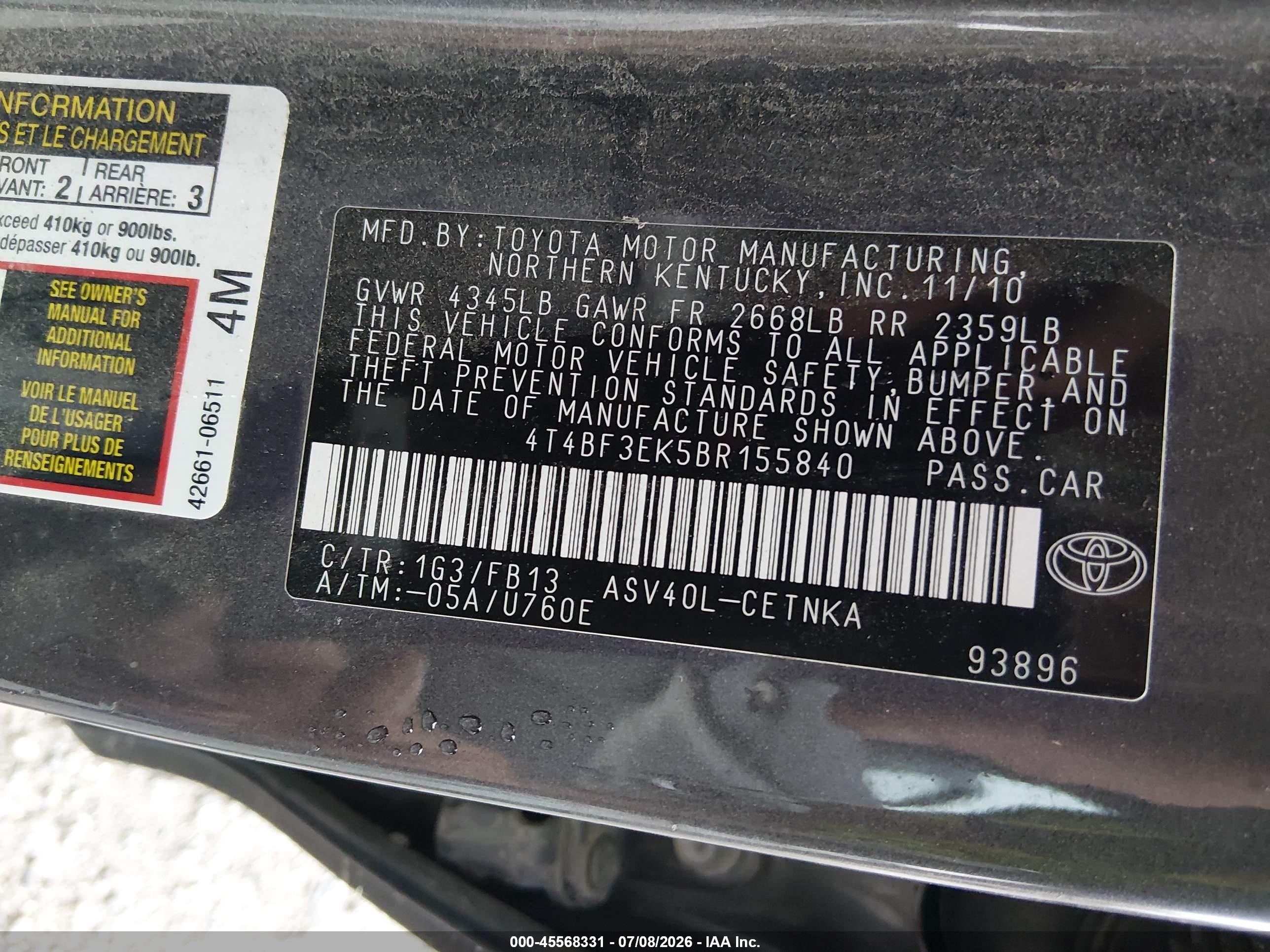2011 Toyota Camry Le Gray vin: 4T4BF3EK5BR155840