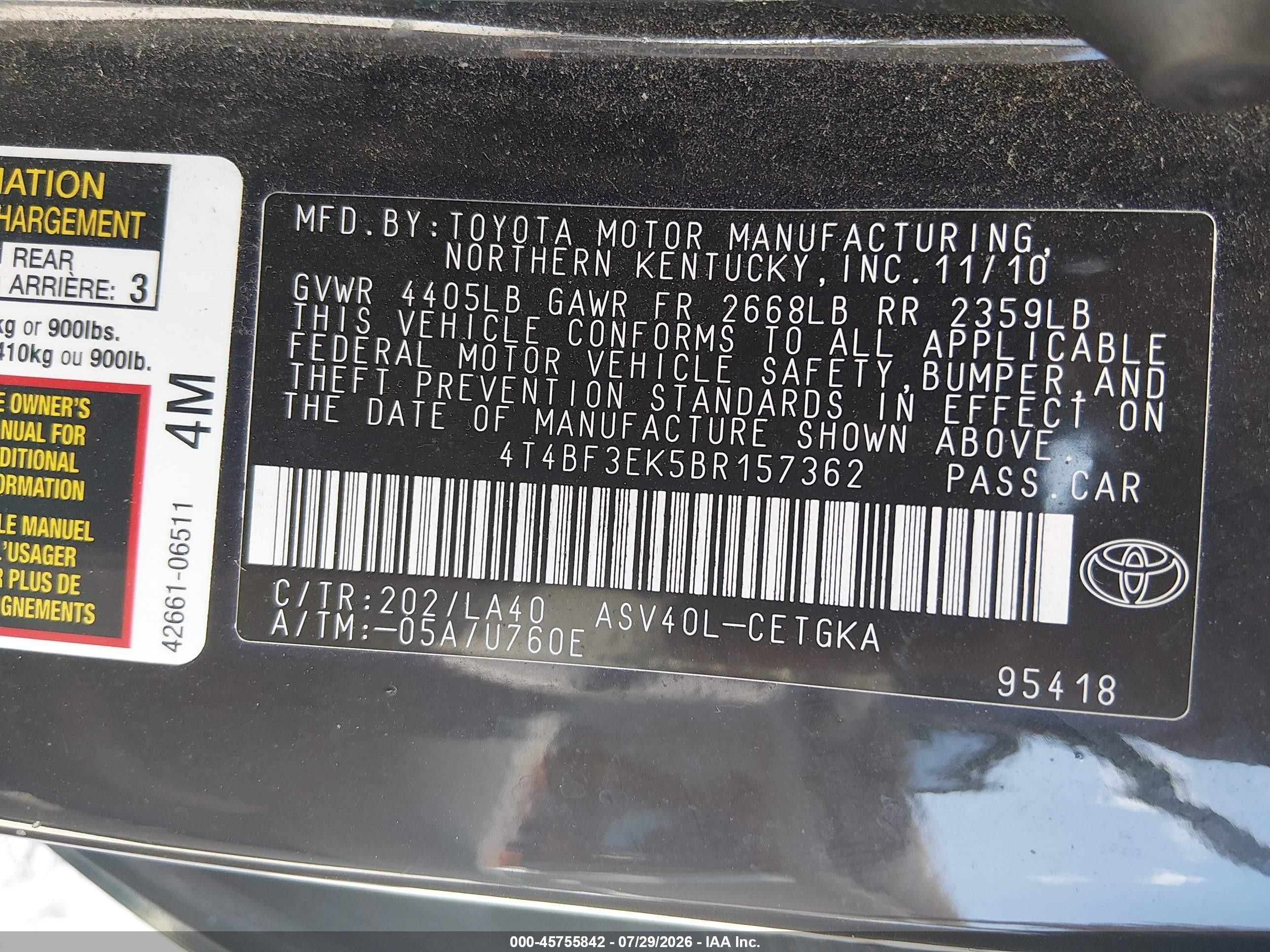 2011 Toyota Camry Xle Black vin: 4T4BF3EK5BR157362
