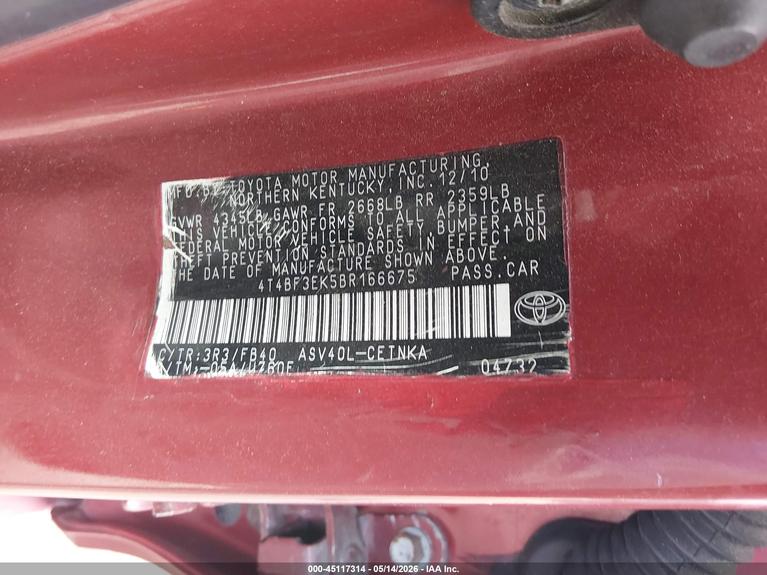 2011 Toyota Camry Le Red vin: 4T4BF3EK5BR166675