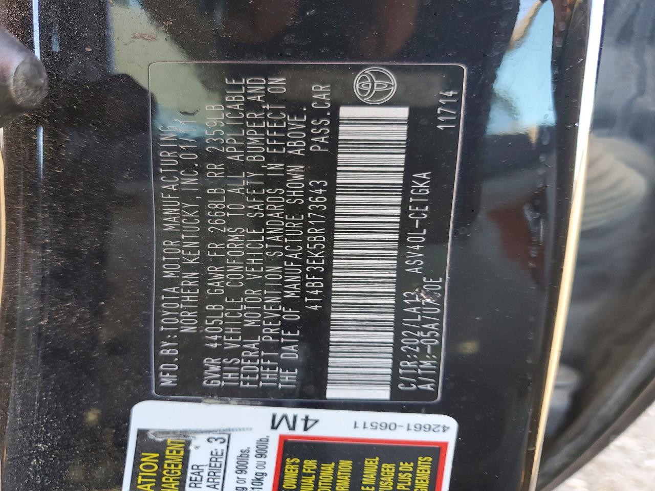 2011 Toyota Camry Xle Black vin: 4T4BF3EK5BR173643