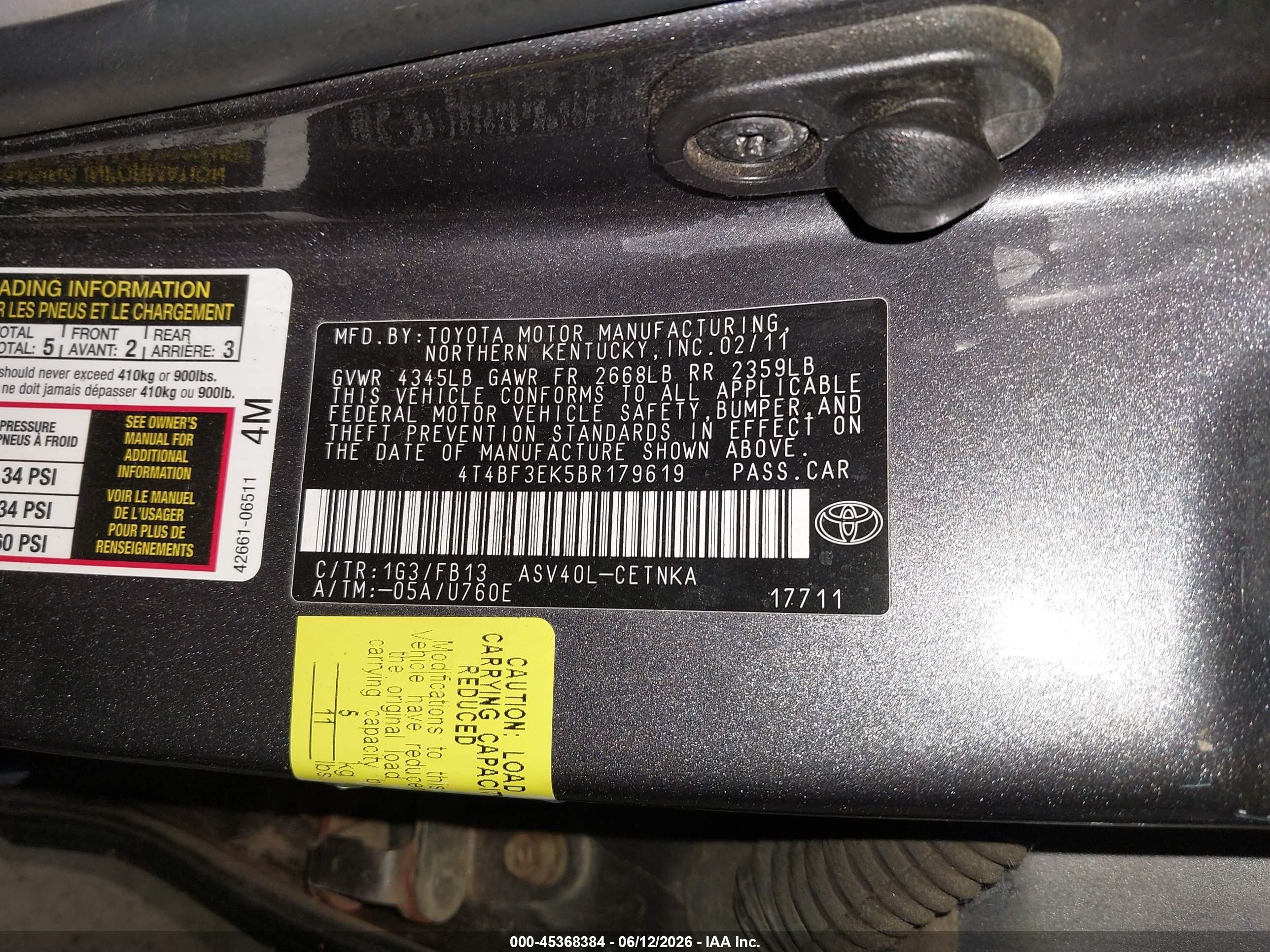 2011 Toyota Camry Le Gray vin: 4T4BF3EK5BR179619