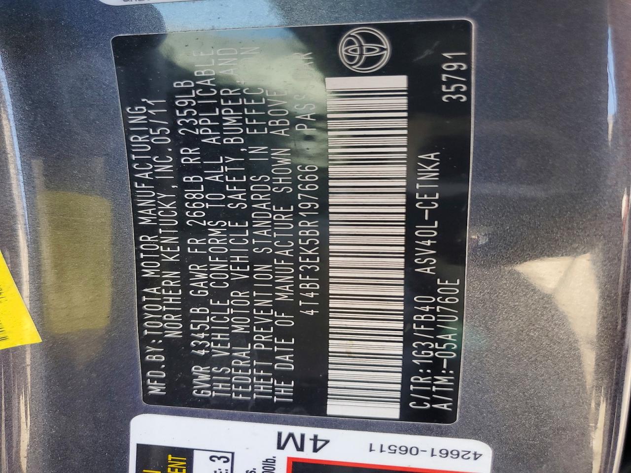 2011 Toyota Camry Automatic Charcoal vin: 4T4BF3EK5BR197666