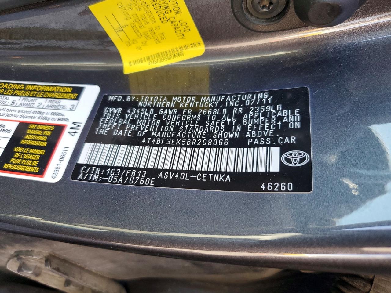 2011 Toyota Camry Le Угольный vin: 4T4BF3EK5BR208066
