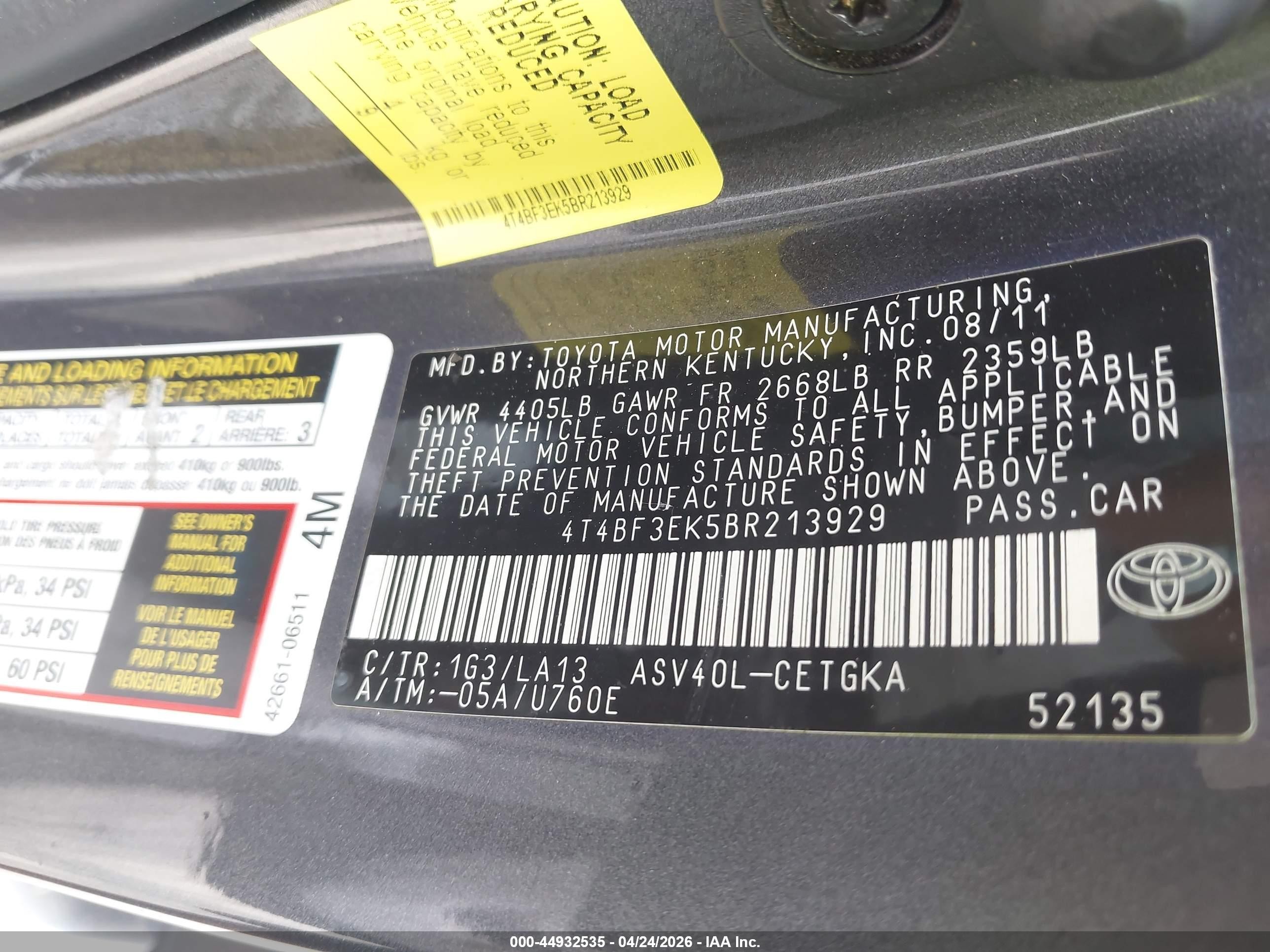 2011 Toyota Camry Xle Gray vin: 4T4BF3EK5BR213929